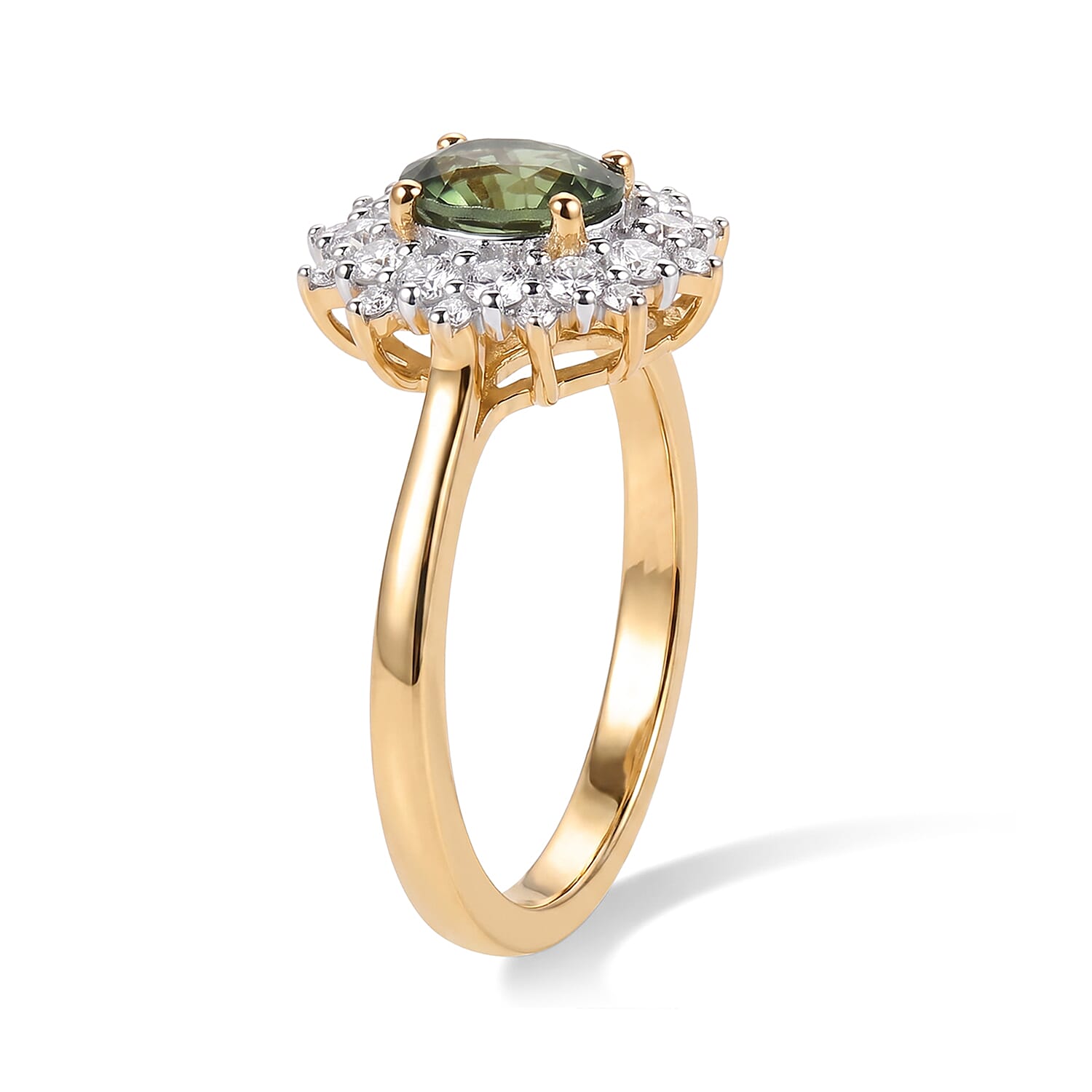 Certified and Appraised D'Joy Sapucaia Green Sapphire and Moissanite 1.45 ctw Ring in 18K Vermeil Yellow Gold Over Sterling Silver (Size 7.0)
