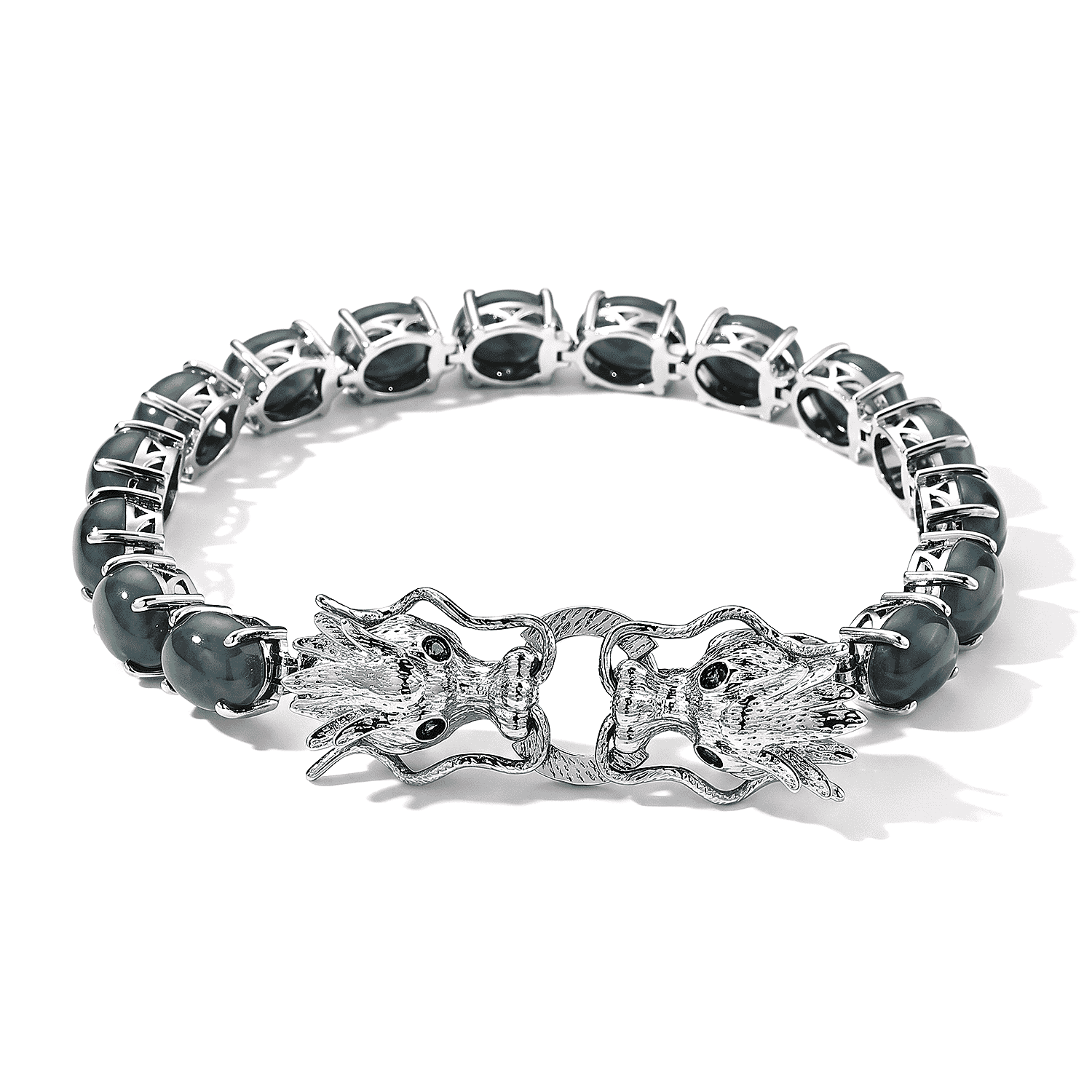 EverTrue Natural Olmec Jadeite and Chrome Diopside 29.75 ctw Dragon Head Bracelet in Platinum Bond (6.50 In)