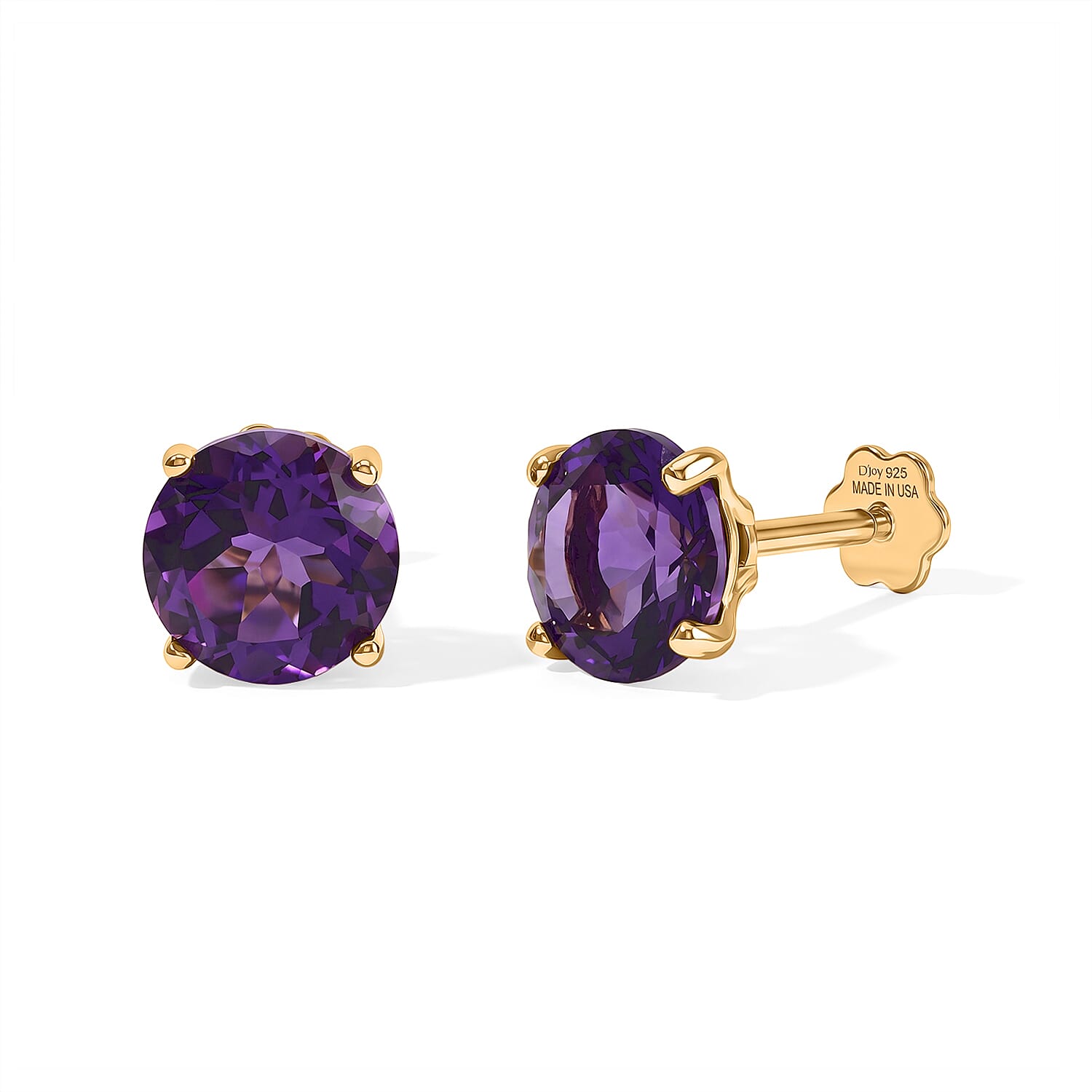 D'Joy Lusaka Amethyst 3.75 ctw Solitaire Stud Flat Back Earrings in 18K Vermeil Yellow Gold Over Sterling Silver