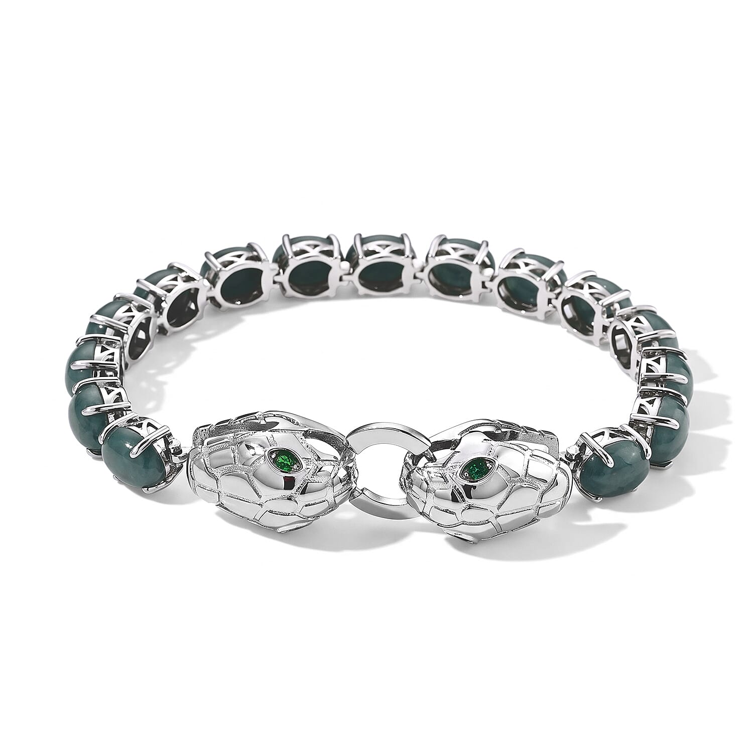 EverTrue Natural Olmec Jadeite and Chrome Diopside 29.70 ctw Double Snake Head Bracelet in Platinum Bond (6.50 In)