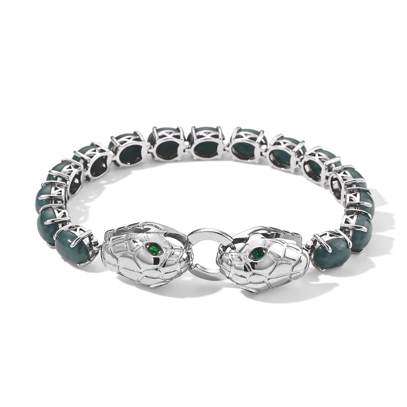 EverTrue Natural Olmec Jadeite and Chrome Diopside 29.70 ctw Double Snake Head Bracelet in Platinum Bond (6.50 In)