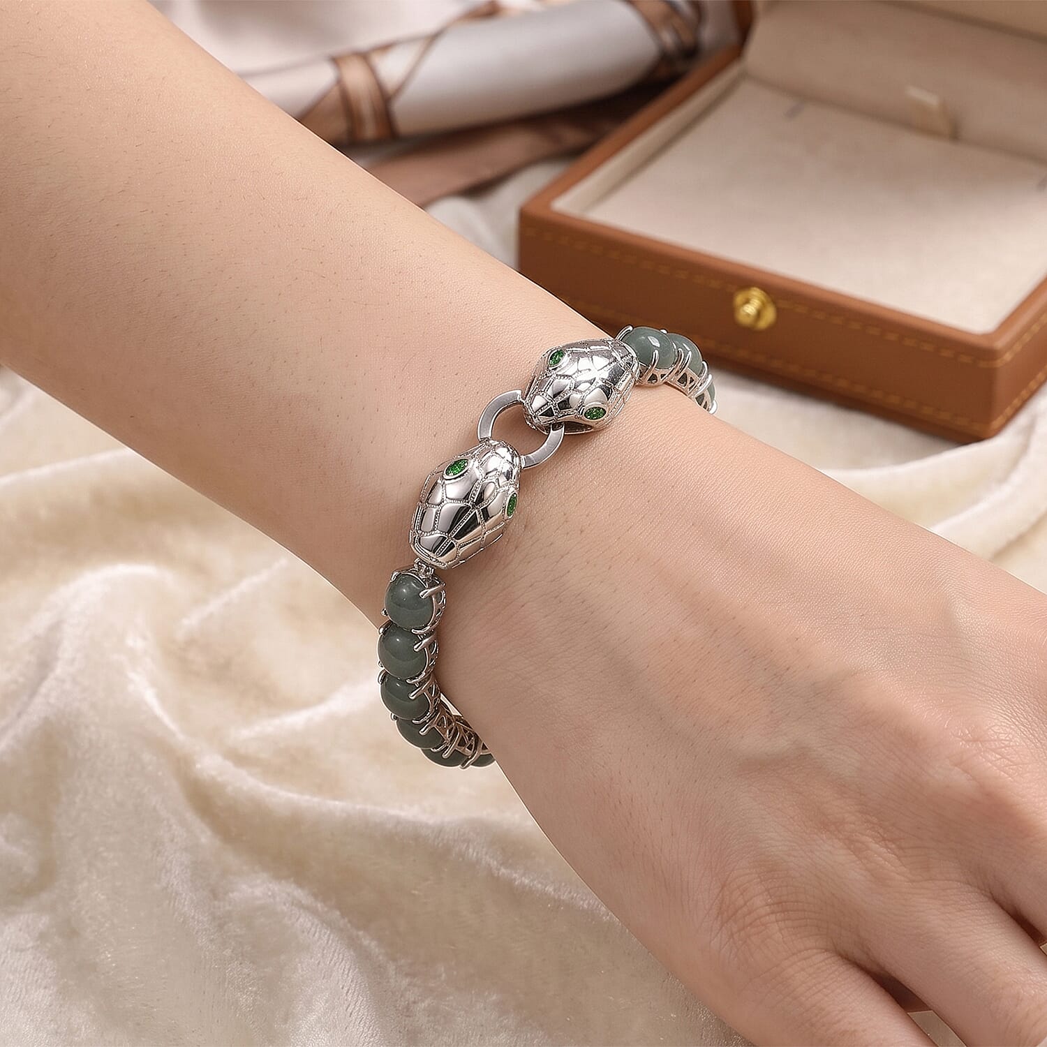 EverTrue Natural Olmec Jadeite and Chrome Diopside 29.70 ctw Double Snake Head Bracelet in Platinum Bond (6.50 In)