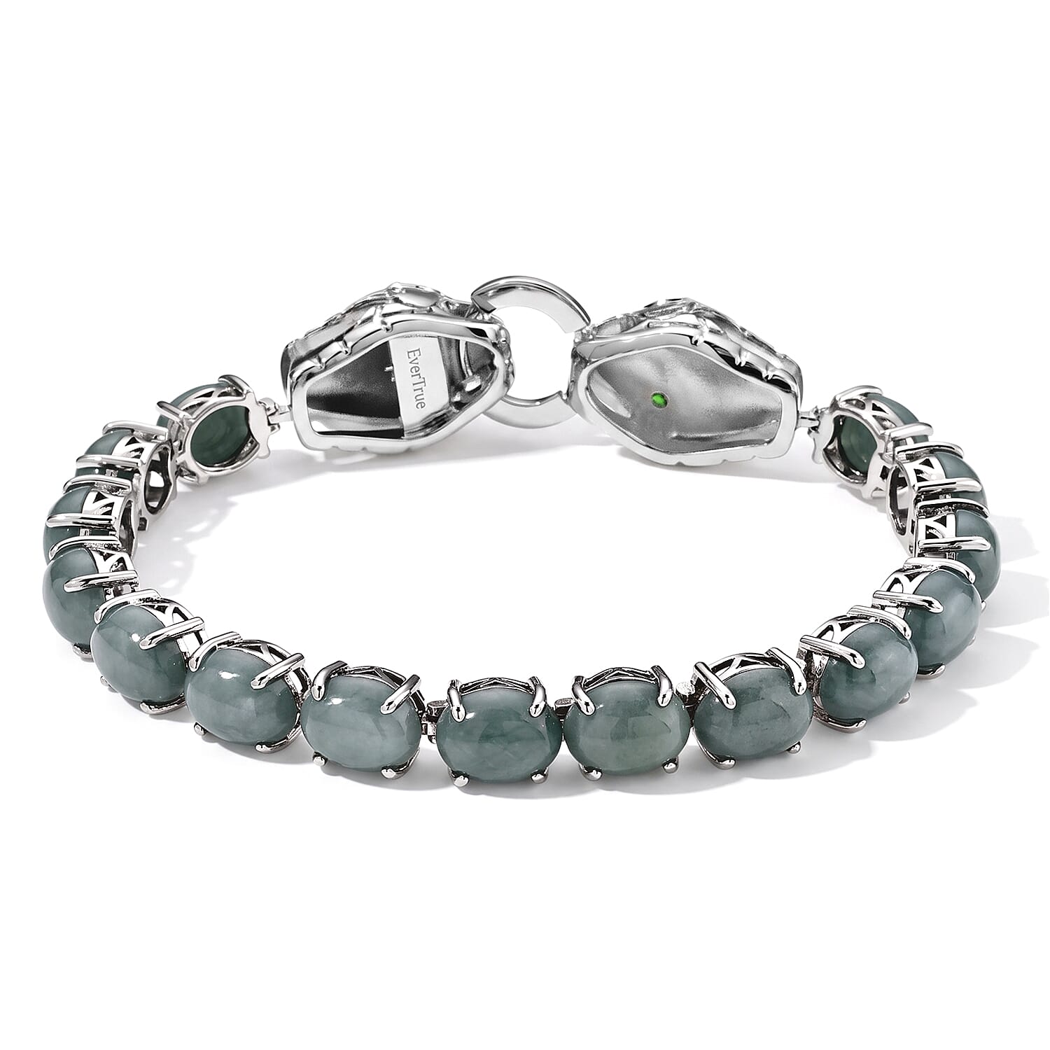 EverTrue Natural Olmec Jadeite and Chrome Diopside 29.70 ctw Double Snake Head Bracelet in Platinum Bond (6.50 In)