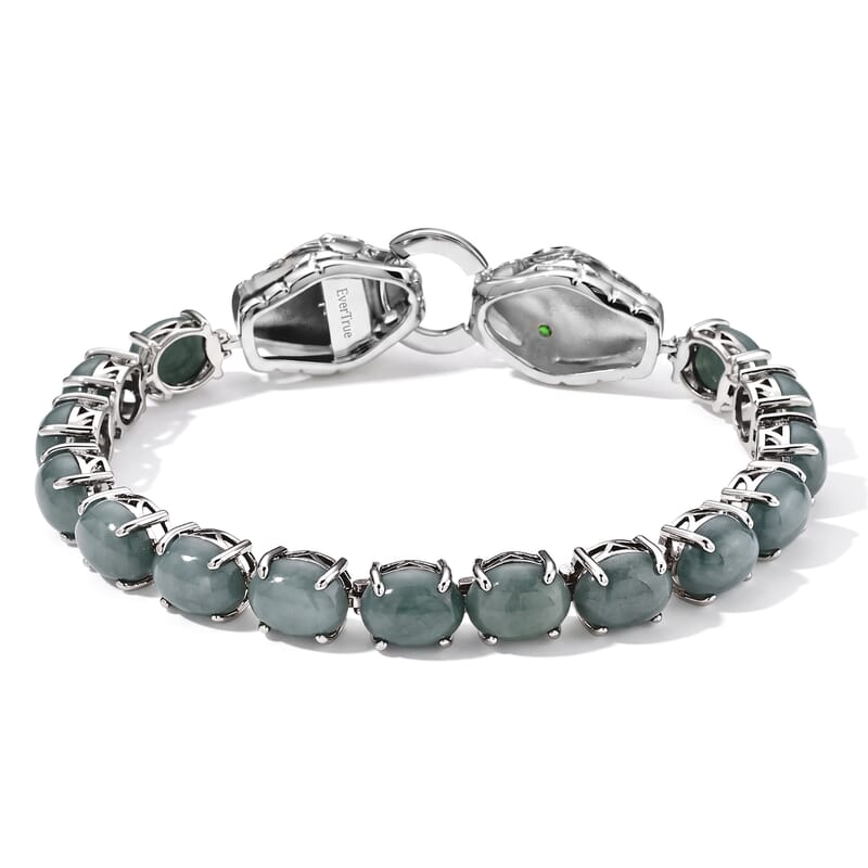 EverTrue Natural Olmec Jadeite and Chrome Diopside 29.70 ctw Double Snake Head Bracelet in Platinum Bond (6.50 In)