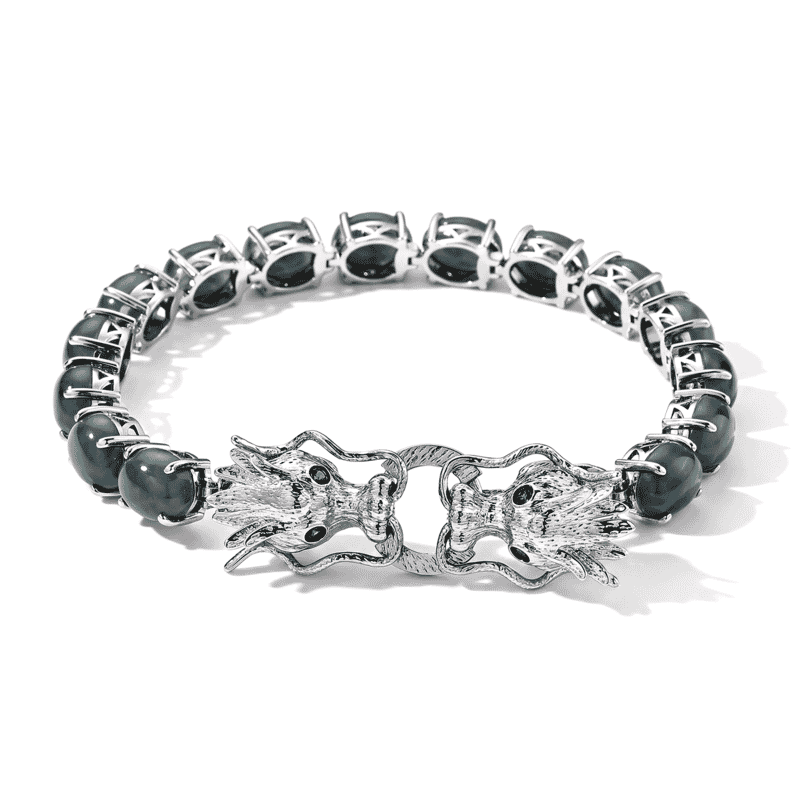 EverTrue Natural Olmec Jadeite and Chrome Diopside 34.25 ctw Double Dragon Head Bracelet in Platinum Bond (7.25 In)