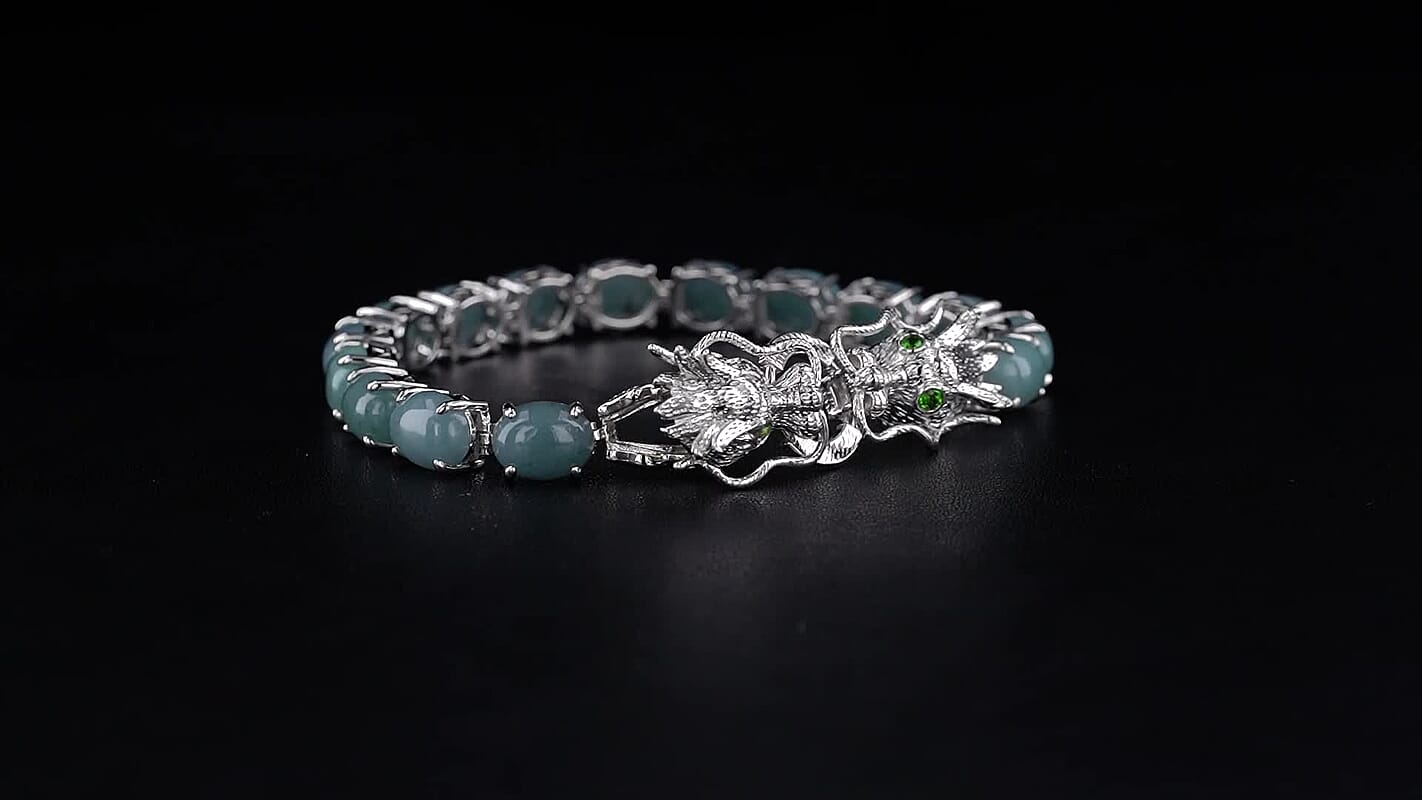 EverTrue Natural Olmec Jadeite and Chrome Diopside 29.75 ctw Dragon Head Bracelet in Platinum Bond (6.50 In)