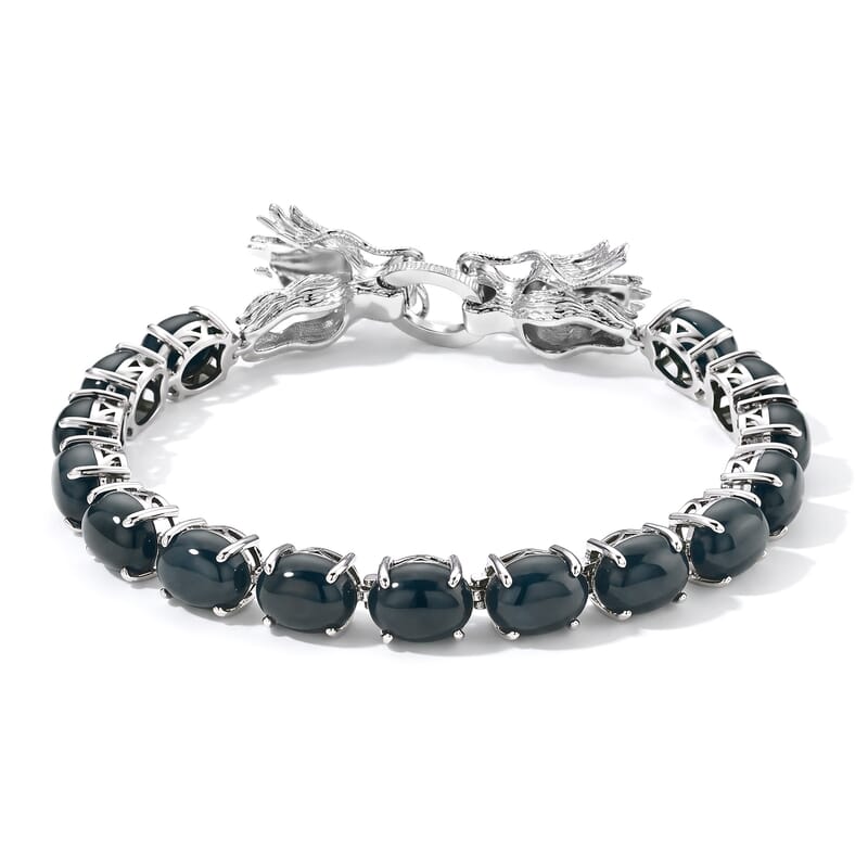EverTrue Natural Olmec Jadeite and Chrome Diopside 34.25 ctw Double Dragon Head Bracelet in Platinum Bond (7.25 In)
