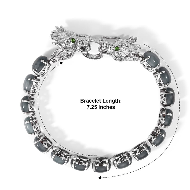 EverTrue Natural Olmec Jadeite and Chrome Diopside 34.25 ctw Double Dragon Head Bracelet in Platinum Bond (7.25 In)