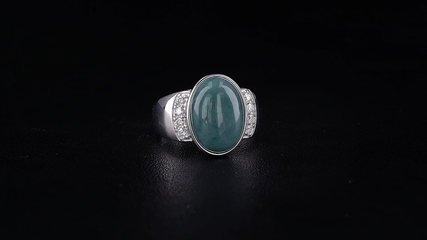 D''Joy Natural Olmec Jadeite, Moissanite Ring in Rhodium Over Sterling Silver (Size 11.0) 7.60 ctw