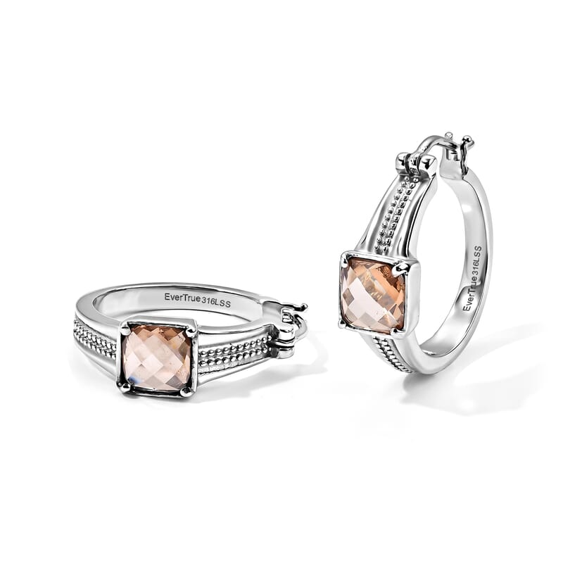 EverTrue Simulated Champagne Diamond Hoop Earrings in Stainless Steel