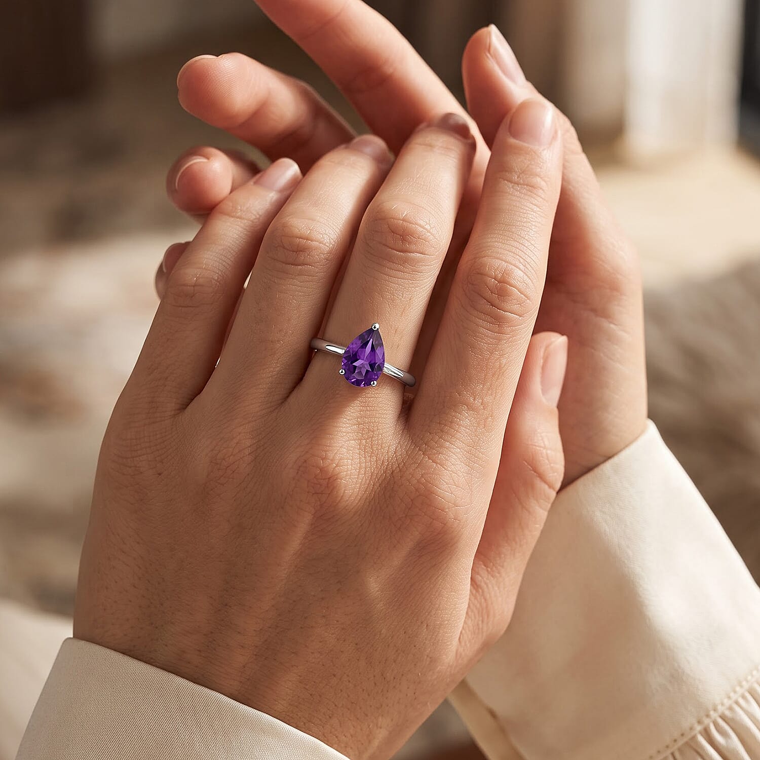 EverTrue African Amethyst 1.20 ctw Pear Solitaire Ring in Stainless Steel (Size 8.0)