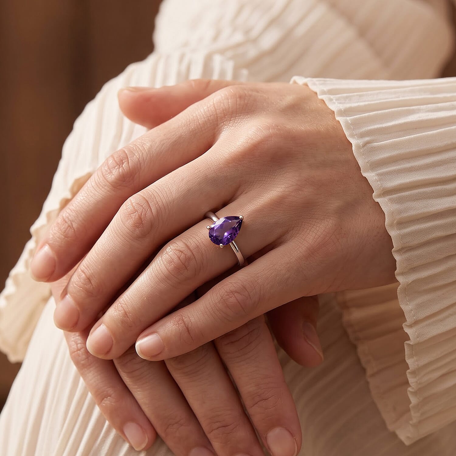 EverTrue African Amethyst 1.20 ctw Pear Solitaire Ring in Stainless Steel (Size 8.0)