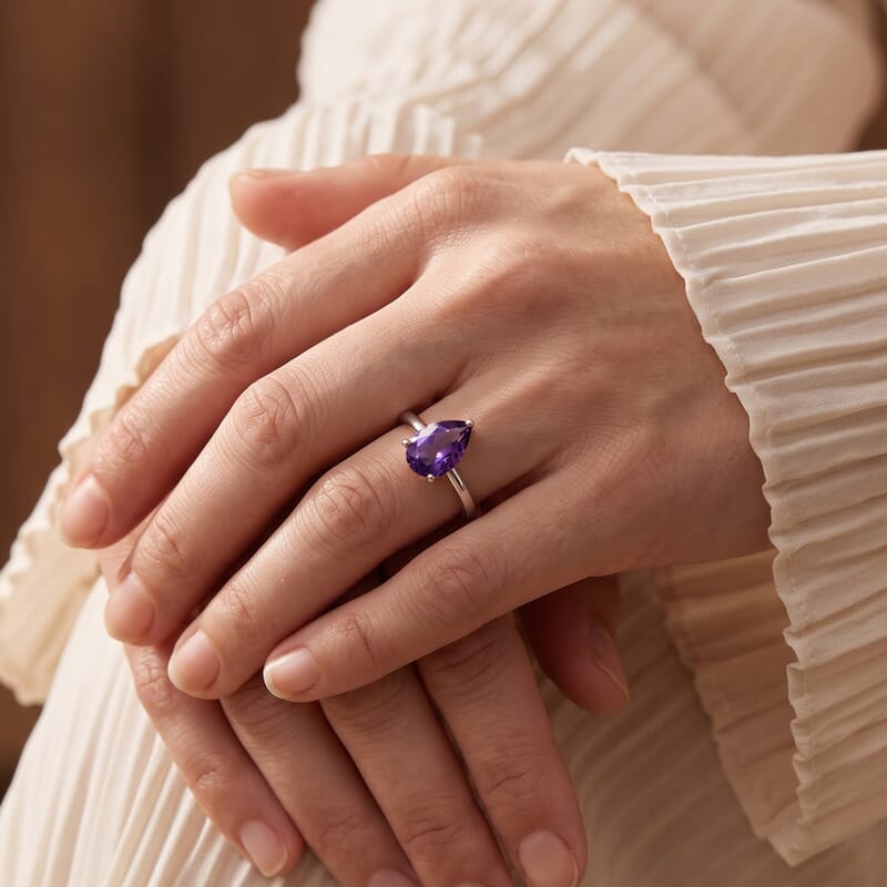 EverTrue African Amethyst 1.20 ctw Pear Solitaire Ring in Stainless Steel (Size 8.0)