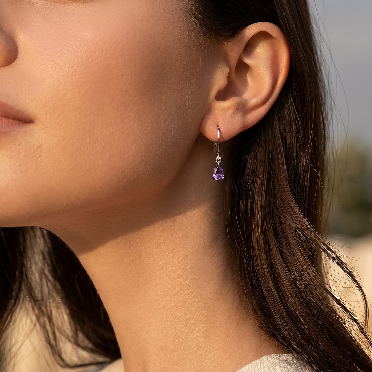 EverTrue African Amethyst 1.35 ctw Pear Solitaire Earrings in Stainless Steel