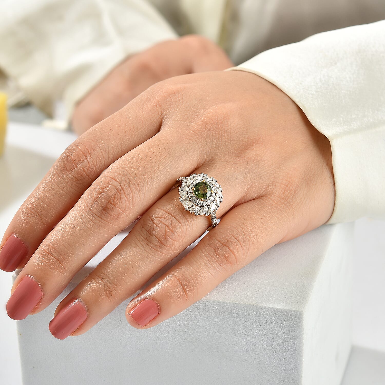 Certified and Appraised D'Joy Sapucaia Green Sapphire and Moissanite 2.20 ctw Ring in 18K Vermeil Yellow Gold Over Sterling Silver (Size 6.0)