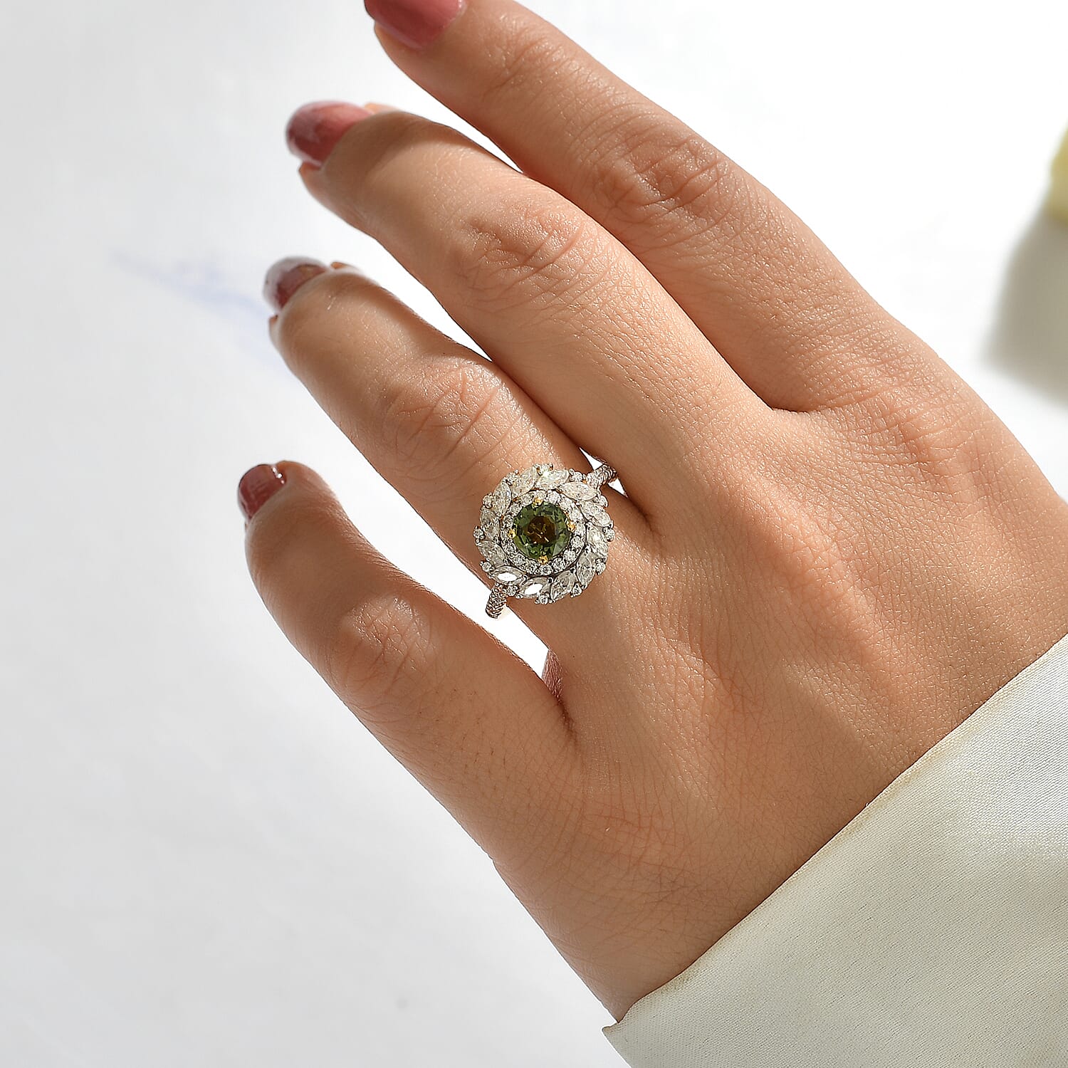 Certified and Appraised D'Joy Sapucaia Green Sapphire and Moissanite 2.20 ctw Ring in 18K Vermeil Yellow Gold Over Sterling Silver (Size 6.0)