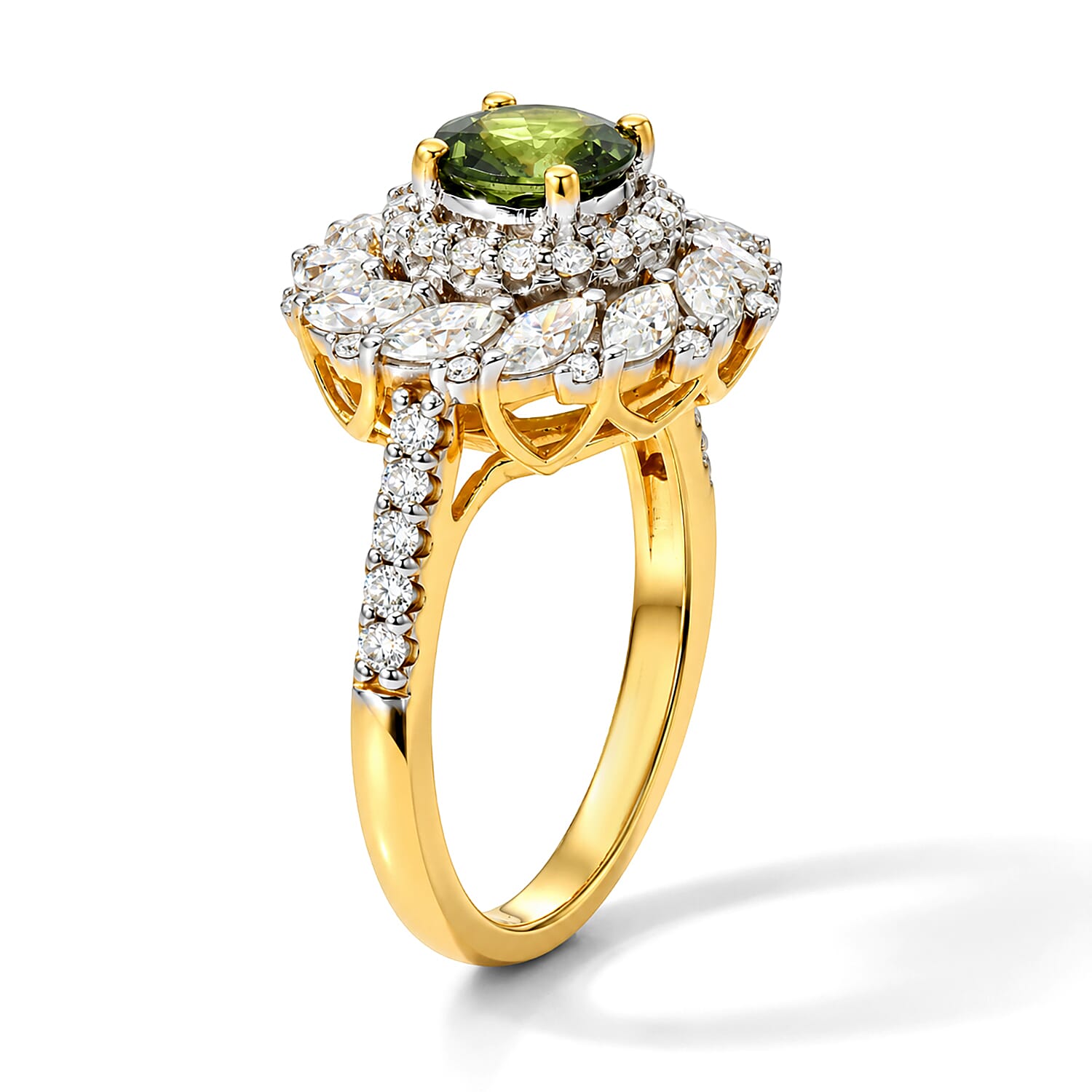 Certified and Appraised D'Joy Sapucaia Green Sapphire and Moissanite 2.20 ctw Ring in 18K Vermeil Yellow Gold Over Sterling Silver (Size 6.0)