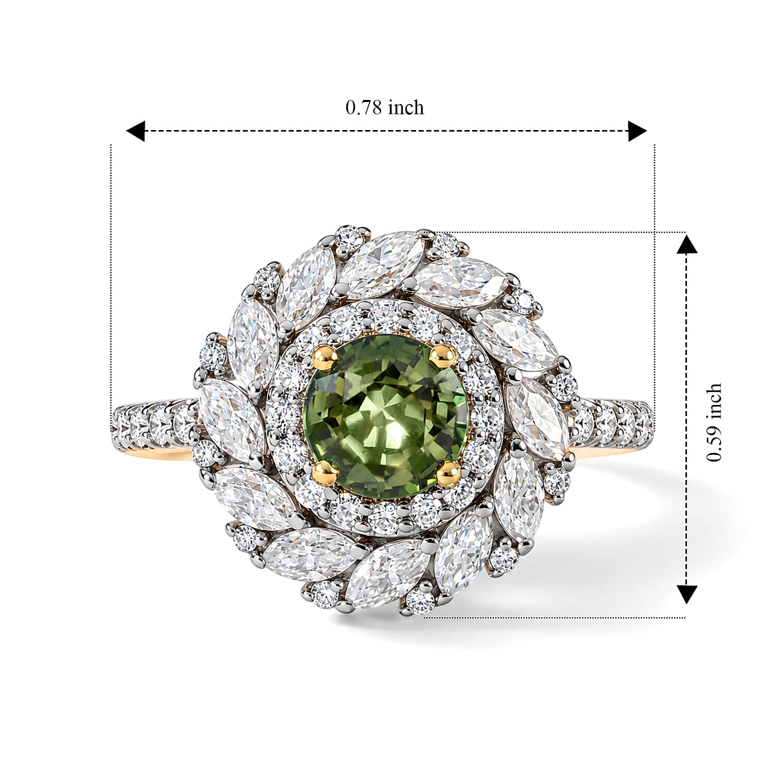 Certified and Appraised D'Joy Sapucaia Green Sapphire and Moissanite 2.20 ctw Ring in 18K Vermeil Yellow Gold Over Sterling Silver (Size 6.0)