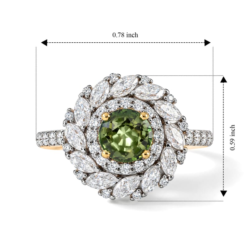 Certified and Appraised D'Joy Sapucaia Green Sapphire and Moissanite 2.20 ctw Ring in 18K Vermeil Yellow Gold Over Sterling Silver (Size 6.0)