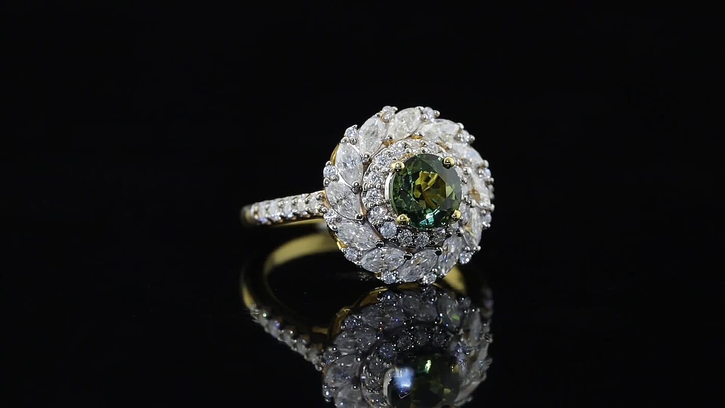 Certified and Appraised D''Joy Sapucaia Green Sapphire, Moissanite Ring in 18K Vermeil YG Over Sterling Silver (Size 10.0) 2.20 ctw