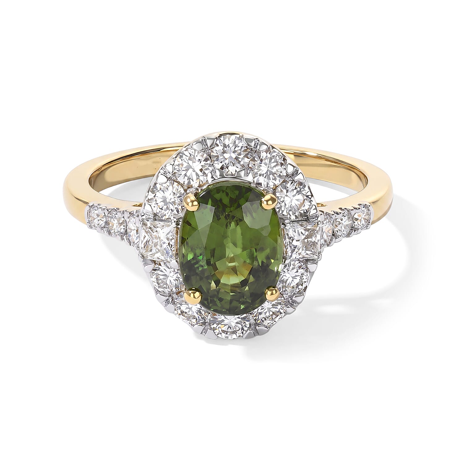 Certified and Appraised AAA Sapucaia Green Sapphire and Luxuriant Lab Grown Diamond G-H SI 2.62 ctw Ring in 10K Yellow Gold (Size 5.0)