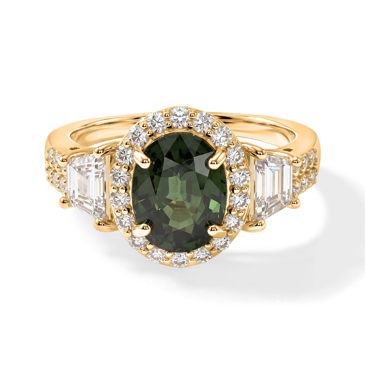 AAA Green Sapphire and Lab Grown Diamond E-F VS 3.50 ctw Ring in 10K Yellow Gold (Size 6.0)