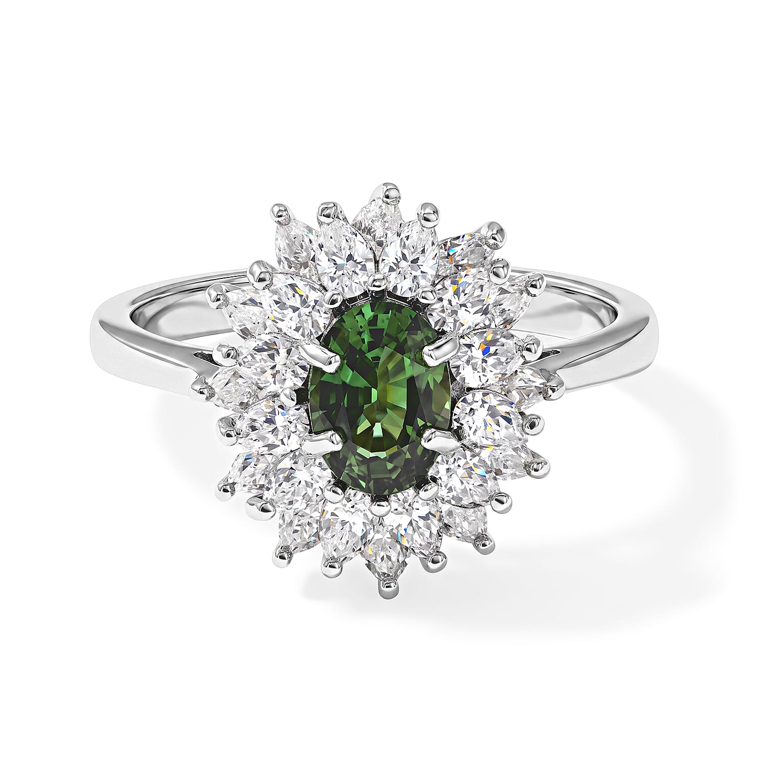 D'Joy Premium Green Sapphire and Moissanite 2.30 ctw Ring in Rhodium Over Sterling Silver (Size 6.0)