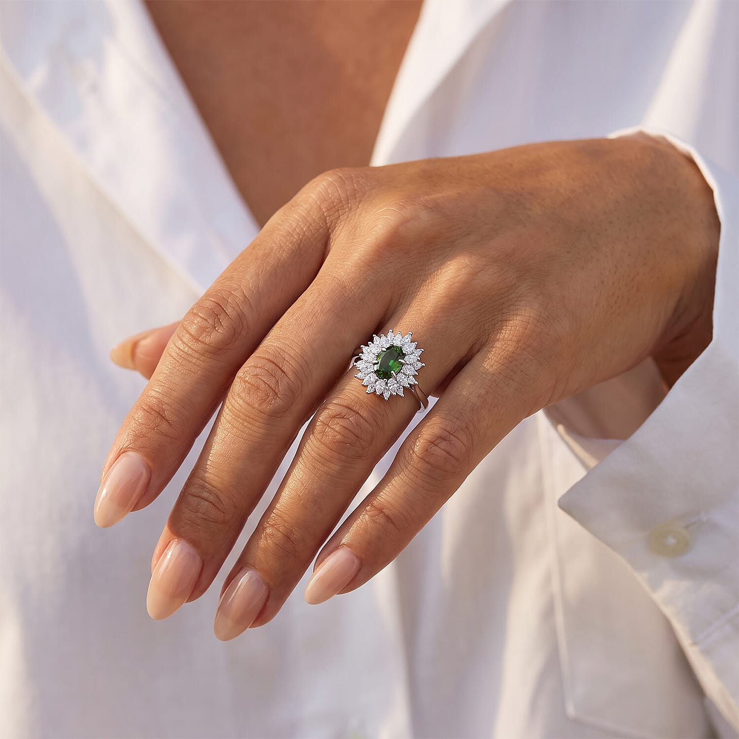 D'Joy Premium Green Sapphire and Moissanite 2.30 ctw Ring in Rhodium Over Sterling Silver (Size 6.0)
