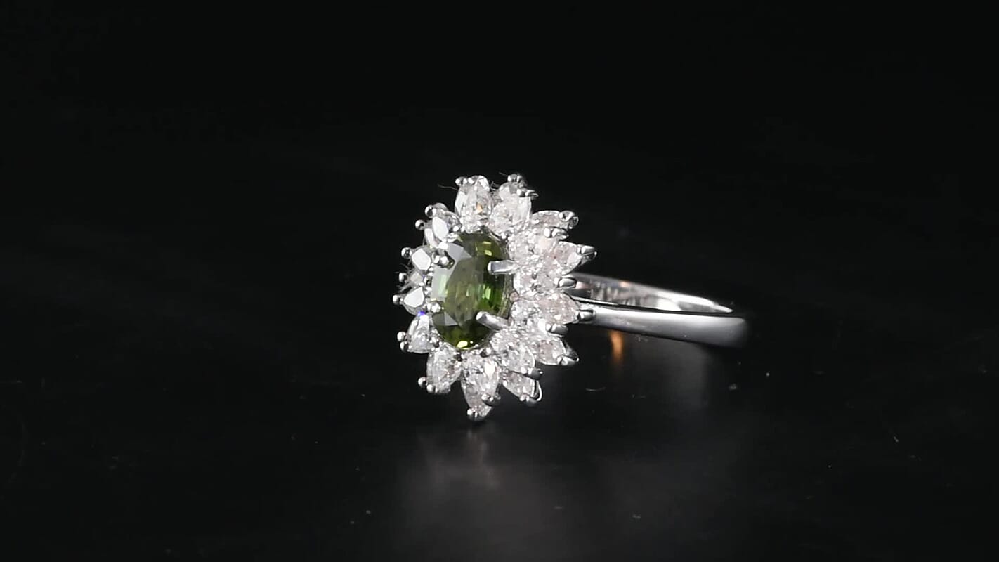 D''Joy Premium Green Sapphire and Moissanite 2.30 ctw Ring in Rhodium Over Sterling Silver (Size 8.0)