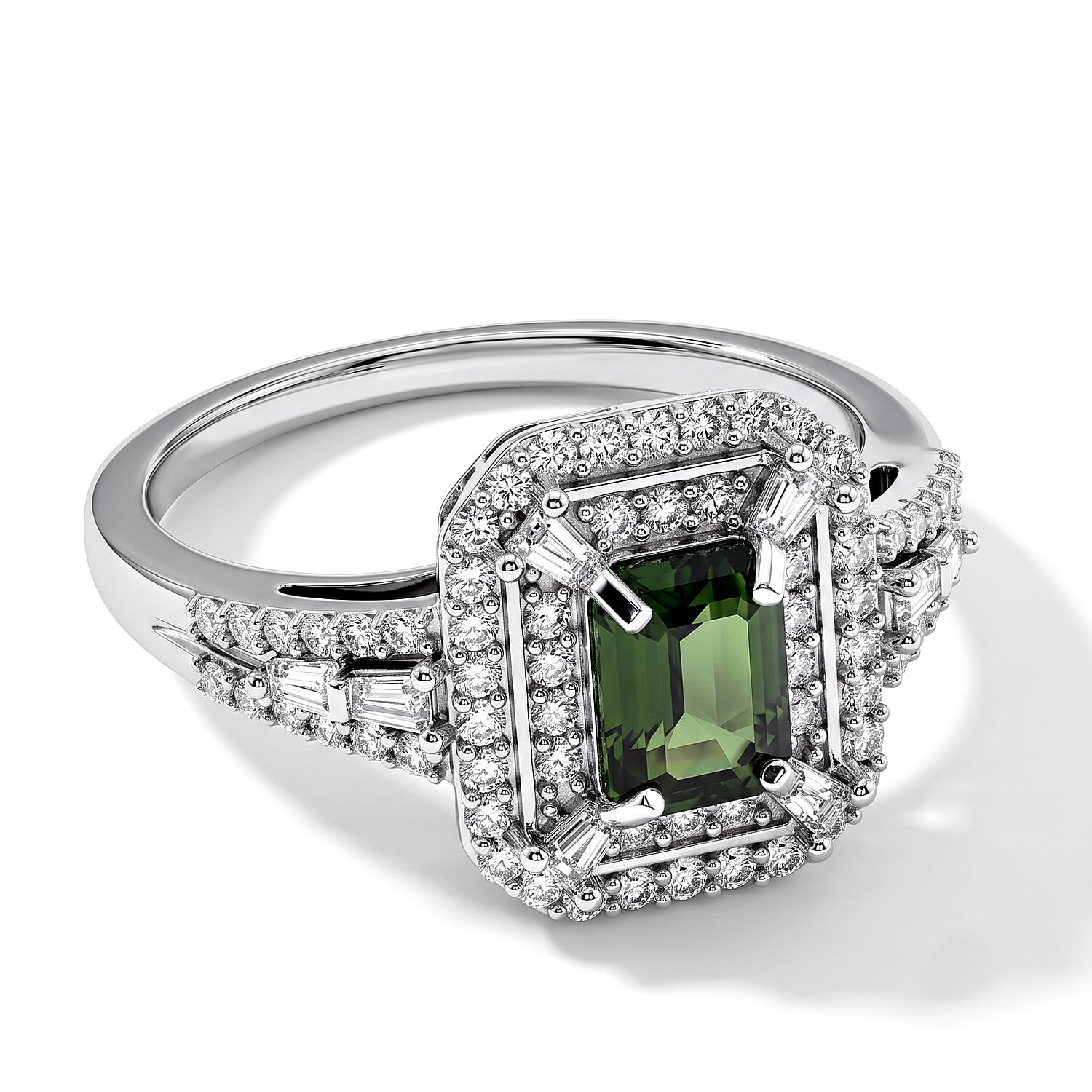 D'Joy Premium Green Sapphire and Moissanite 1.85 ctw Ring in Rhodium Over Sterling Silver (Size 6.0)
