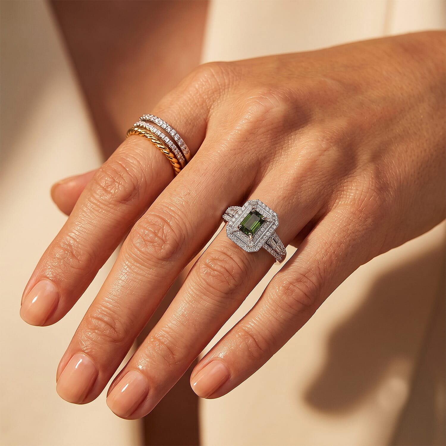 D'Joy Premium Green Sapphire and Moissanite 1.85 ctw Ring in Rhodium Over Sterling Silver (Size 6.0)