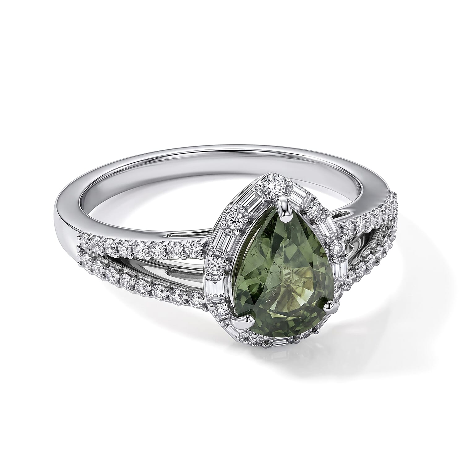D'Joy Premium Green Sapphire and Moissanite 1.90 ctw Ring in Rhodium Over Sterling Silver (Size 6.0)