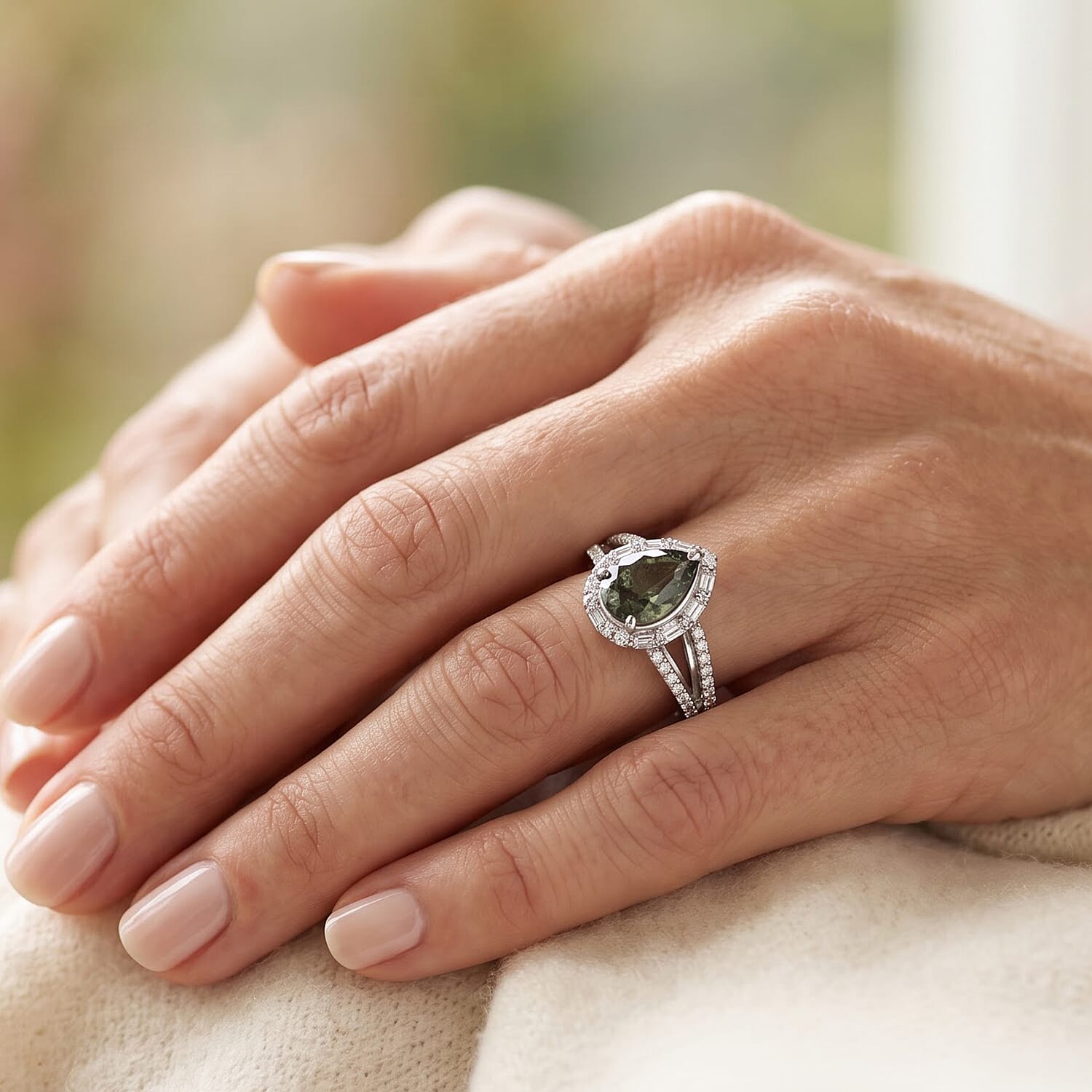 D'Joy Premium Green Sapphire and Moissanite 1.90 ctw Ring in Rhodium Over Sterling Silver (Size 6.0)