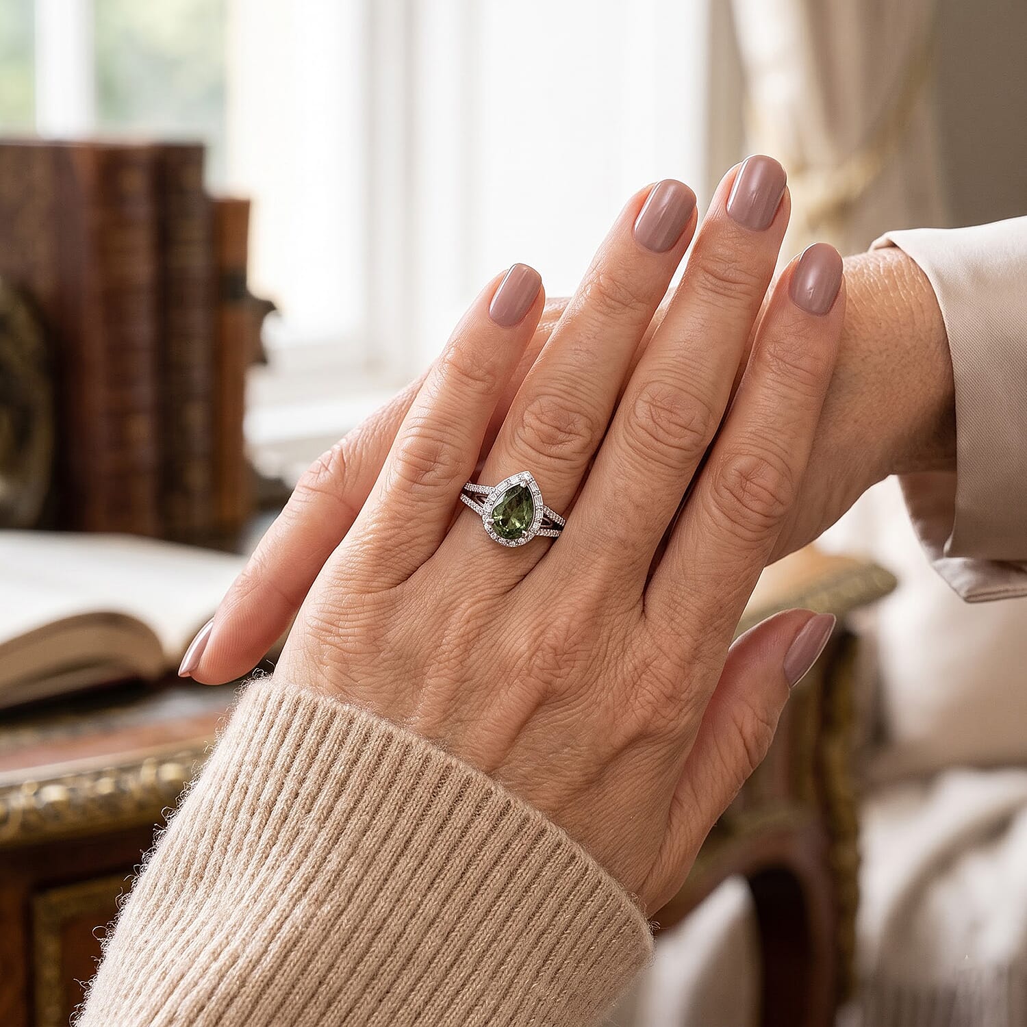 D'Joy Premium Green Sapphire and Moissanite 1.90 ctw Ring in Rhodium Over Sterling Silver (Size 6.0)