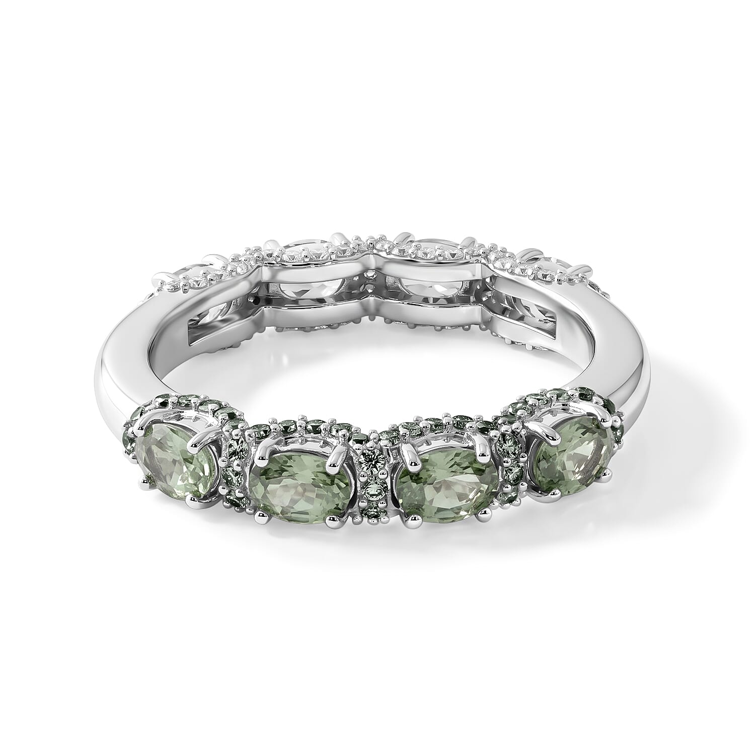 D'Joy Premium Green Sapphire and Moissanite 2.90 ctw Ring in Rhodium Over Sterling Silver (Size 6.0)