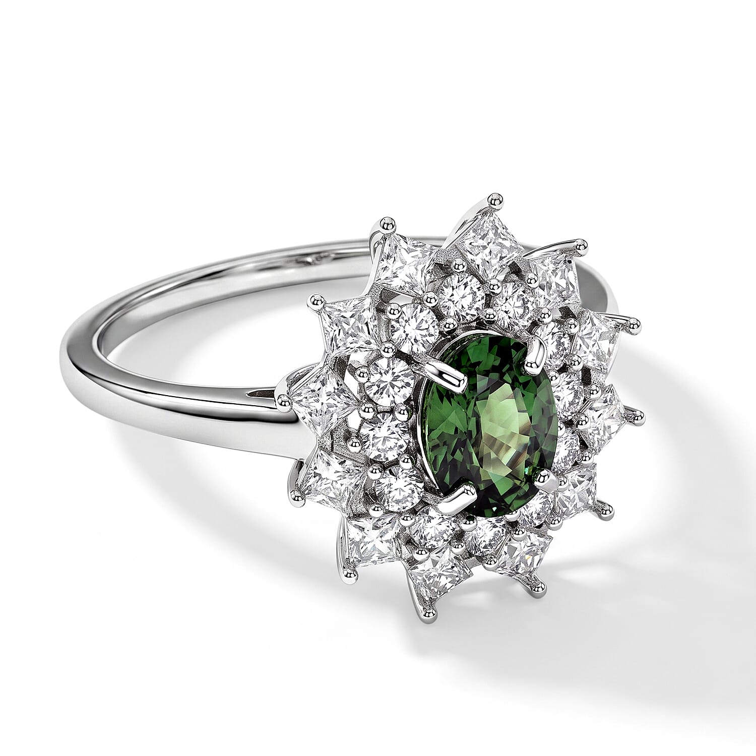 D'Joy Premium Natural Green Sapphire and Moissanite 2.00 ctw Ring in Rhodium Over Sterling Silver (Size 6.0)