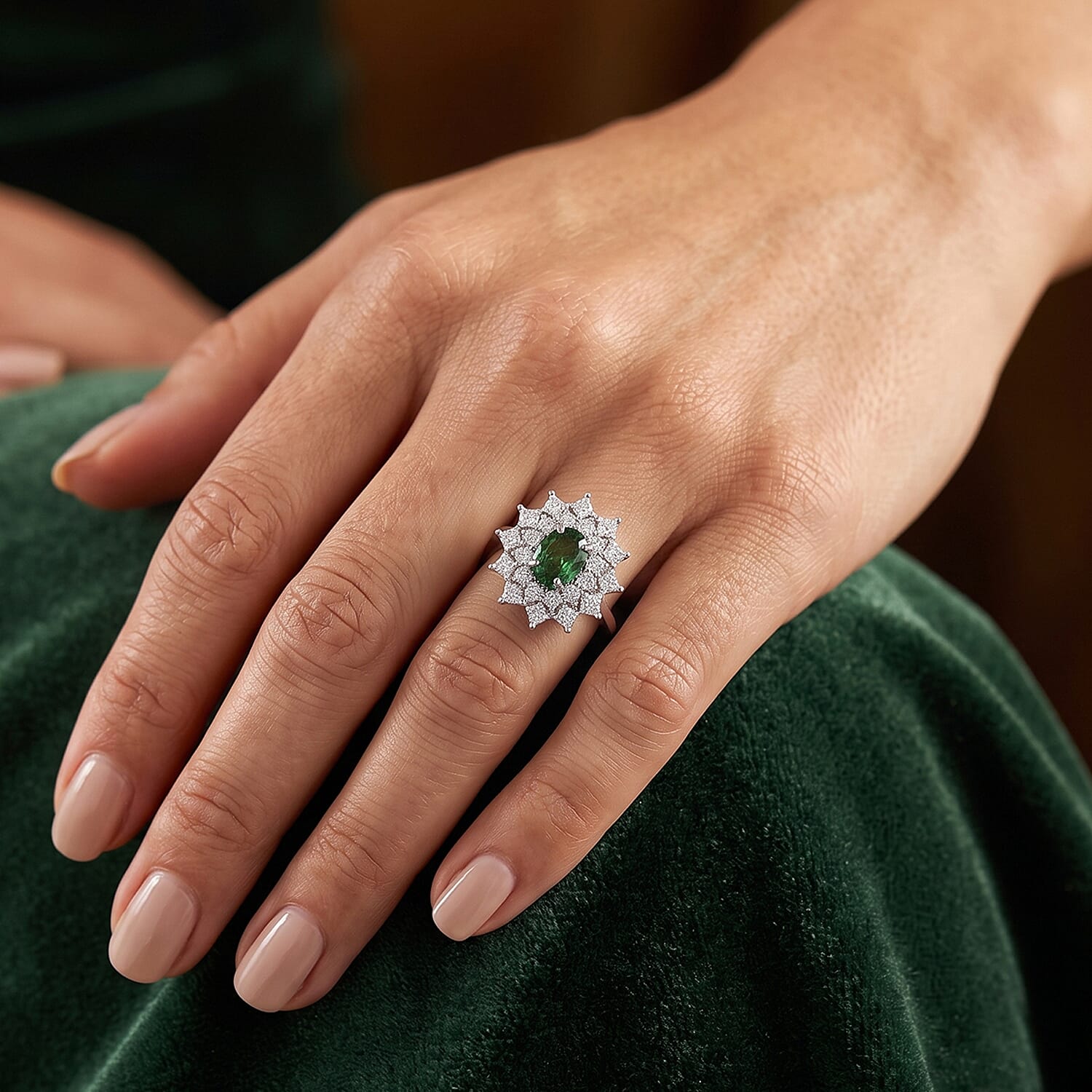 D'Joy Premium Natural Green Sapphire and Moissanite 2.00 ctw Ring in Rhodium Over Sterling Silver (Size 6.0)