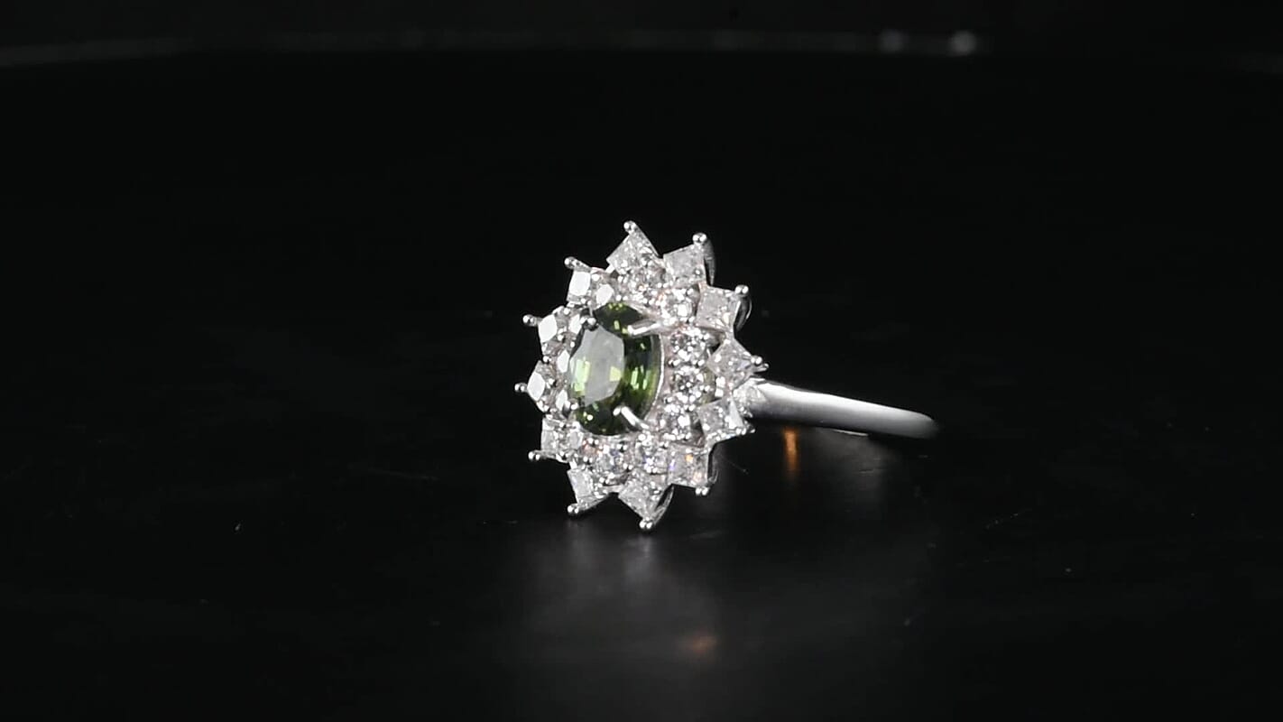 D''Joy Premium Natural Green Sapphire, Moissanite Ring in Rhodium Over Sterling Silver (Size 10.0) 2.00 ctw