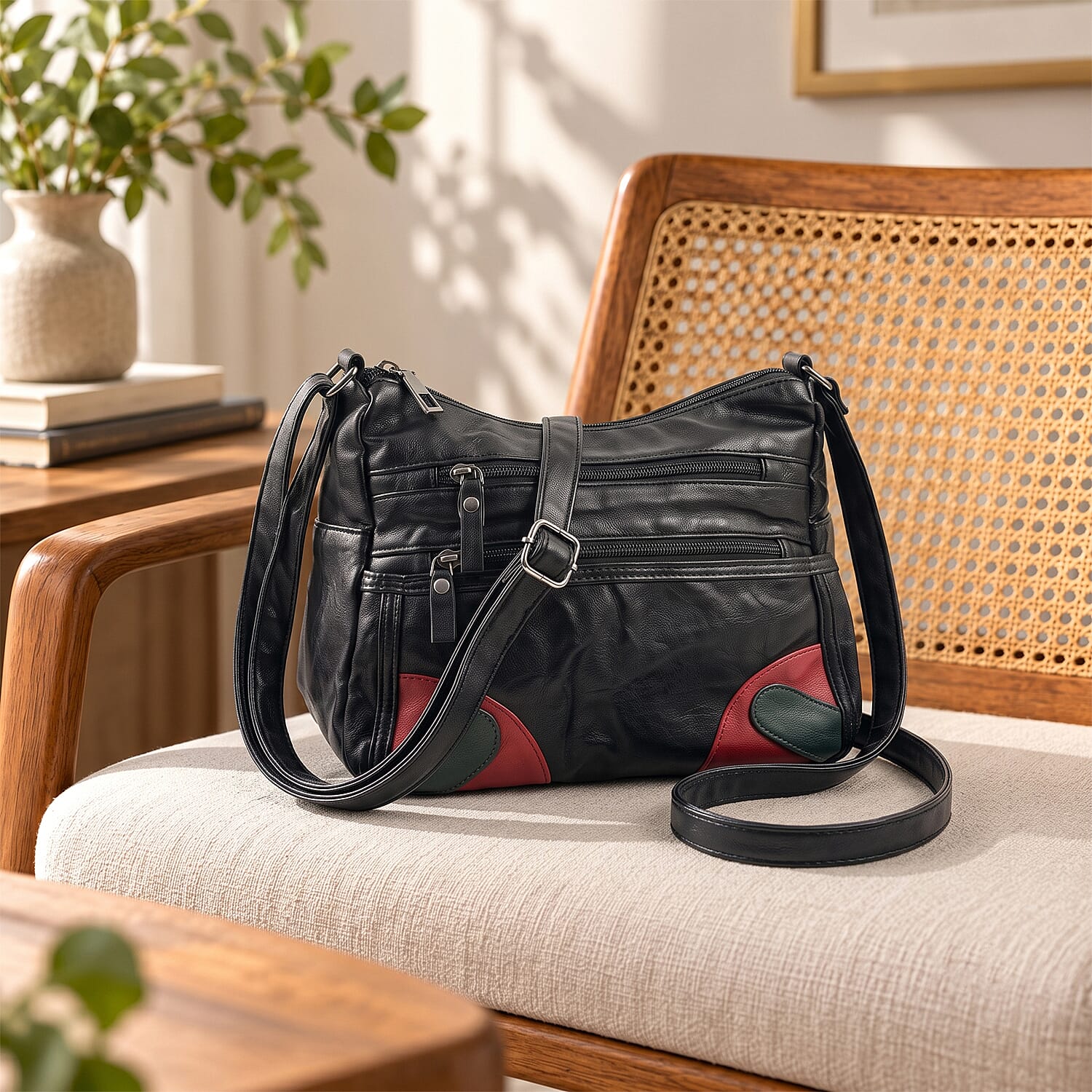Black, Green and Red Faux Leather Shoulder Bag