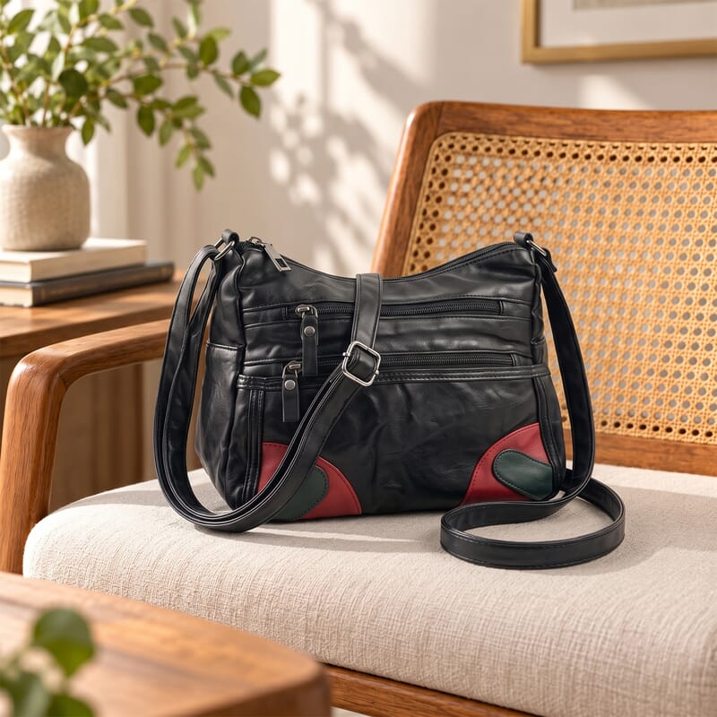 Black, Green and Red Faux Leather Shoulder Bag