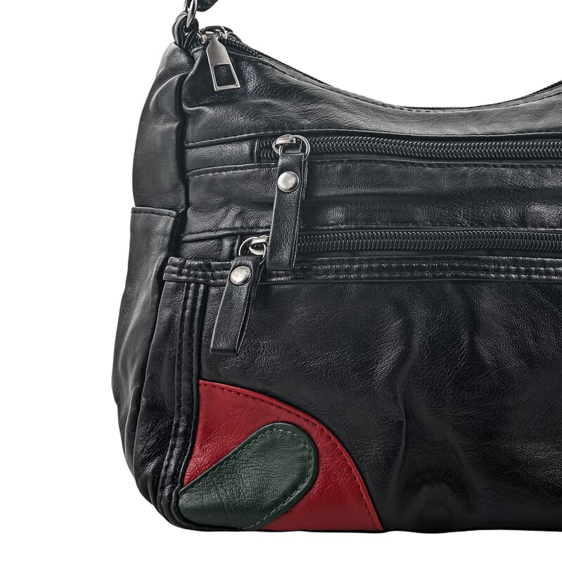 Black, Green and Red Faux Leather Shoulder Bag