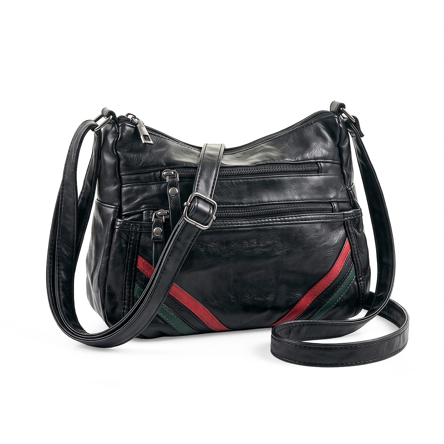 Black, Green and Red Stripe Faux Leather Shoulder Bag