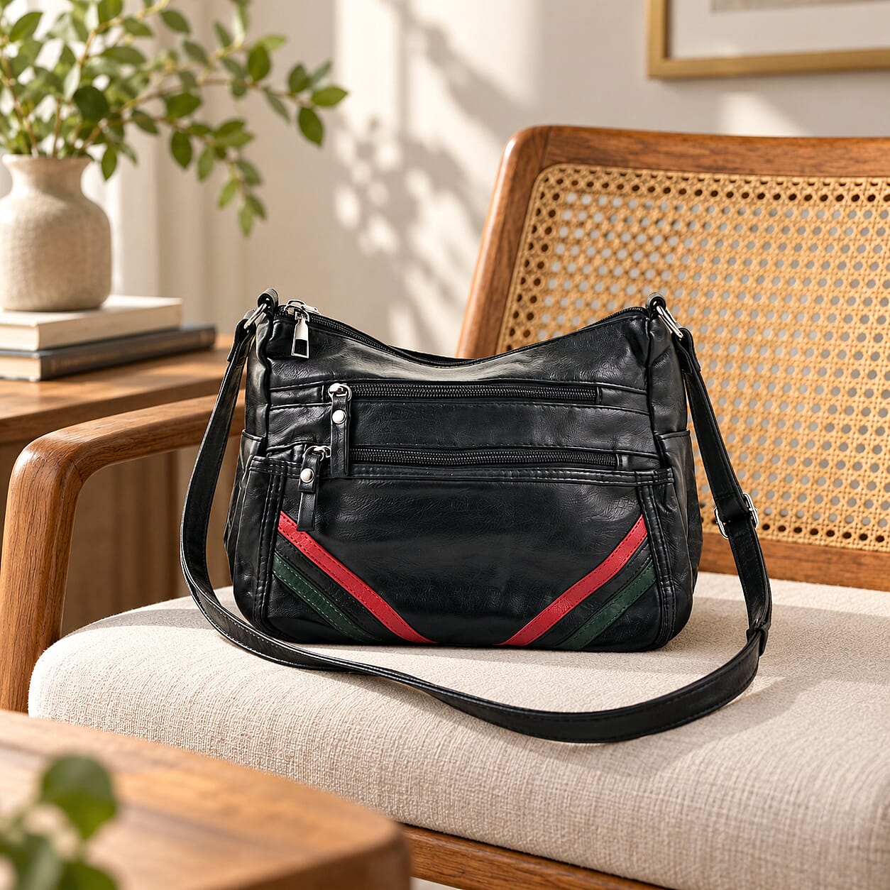 Black, Green and Red Stripe Faux Leather Shoulder Bag