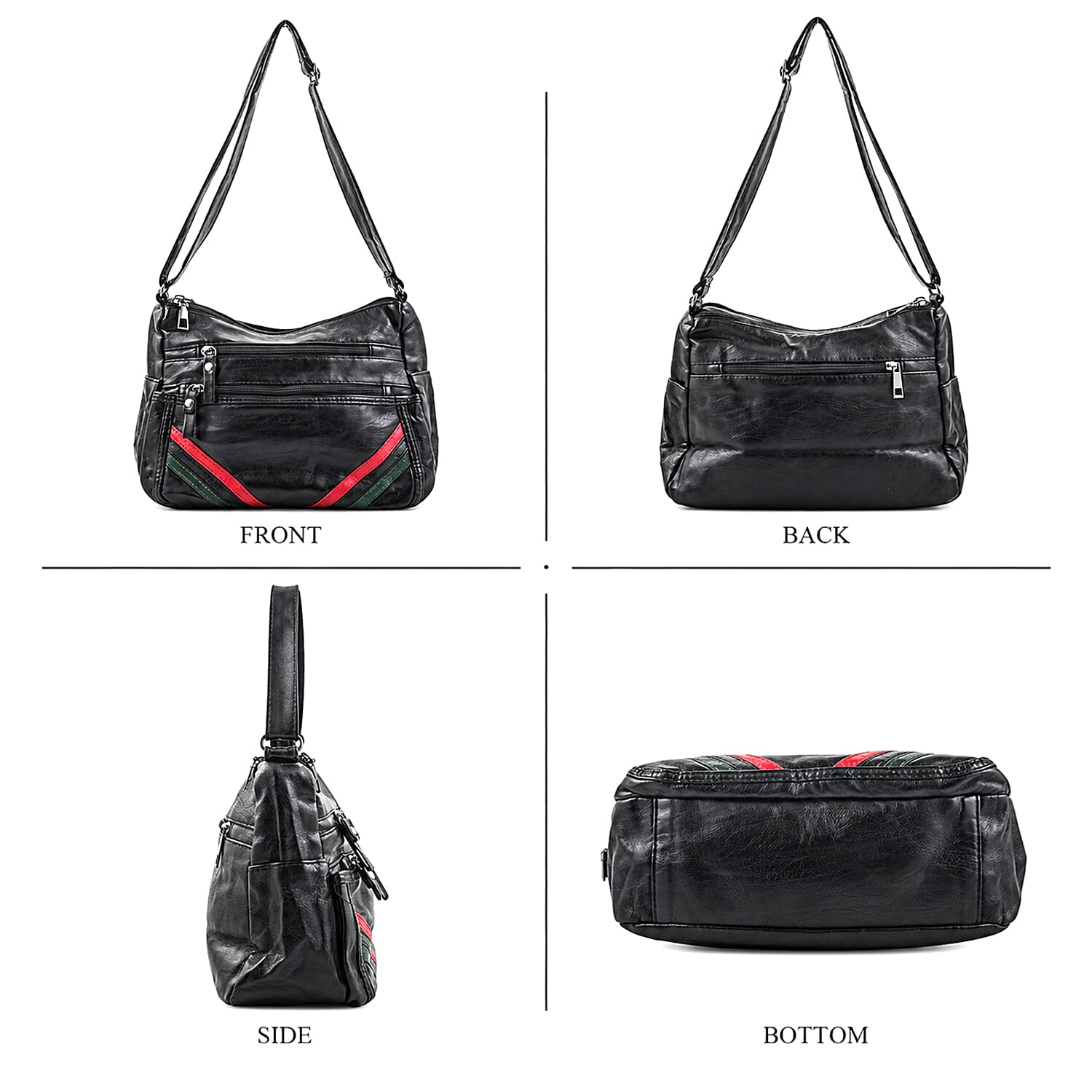 Black, Green and Red Stripe Faux Leather Shoulder Bag