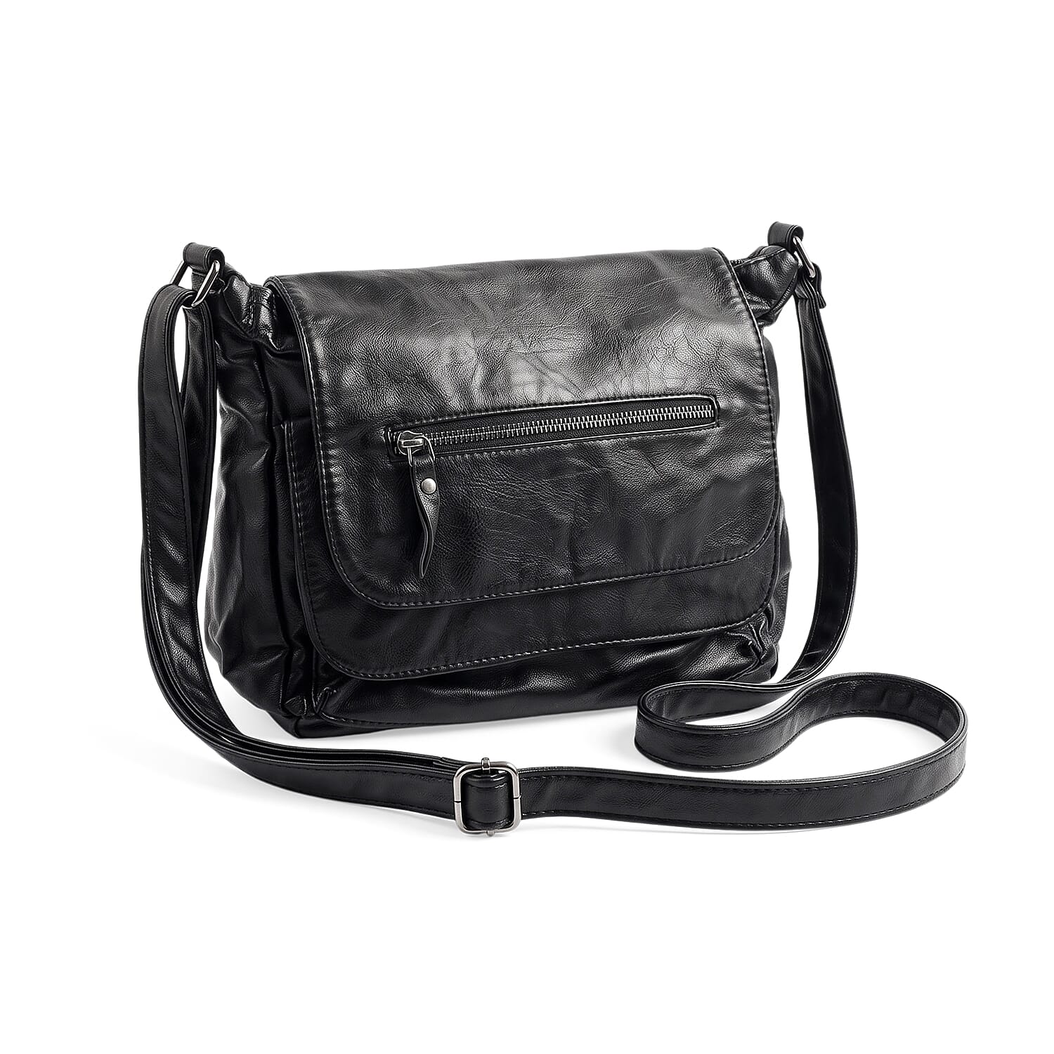 Black Faux Leather Front Zipper Satchel Bag