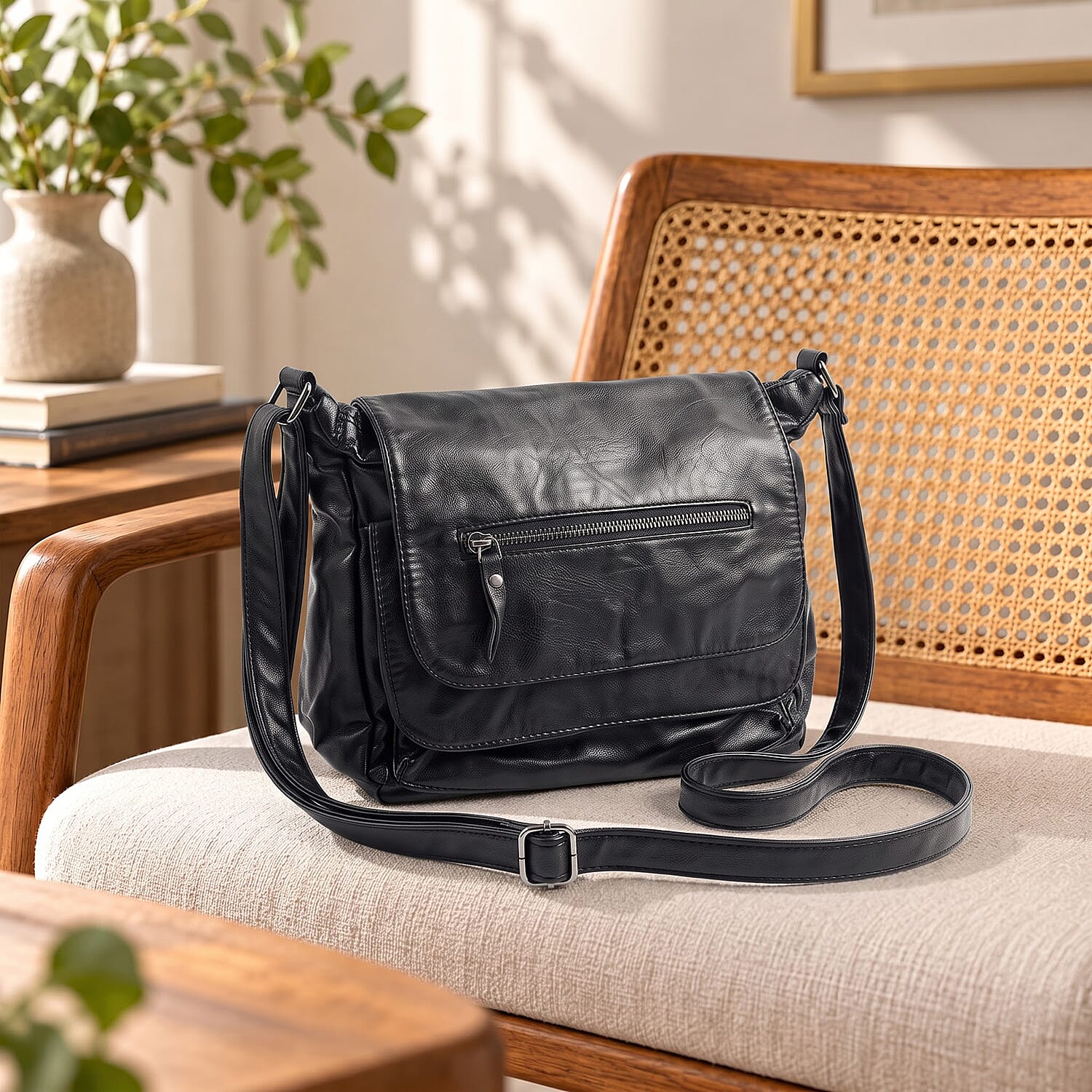 Black Faux Leather Front Zipper Satchel Bag