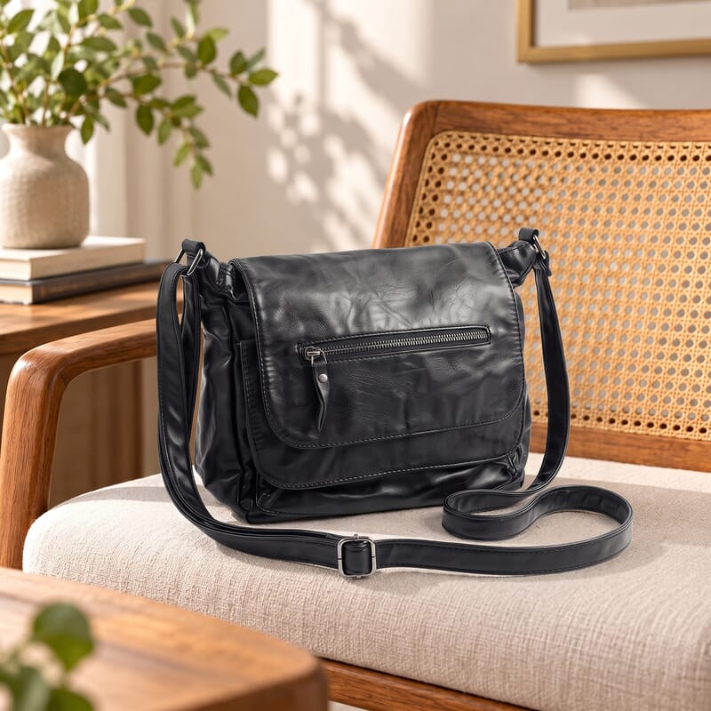Black Faux Leather Front Zipper Satchel Bag