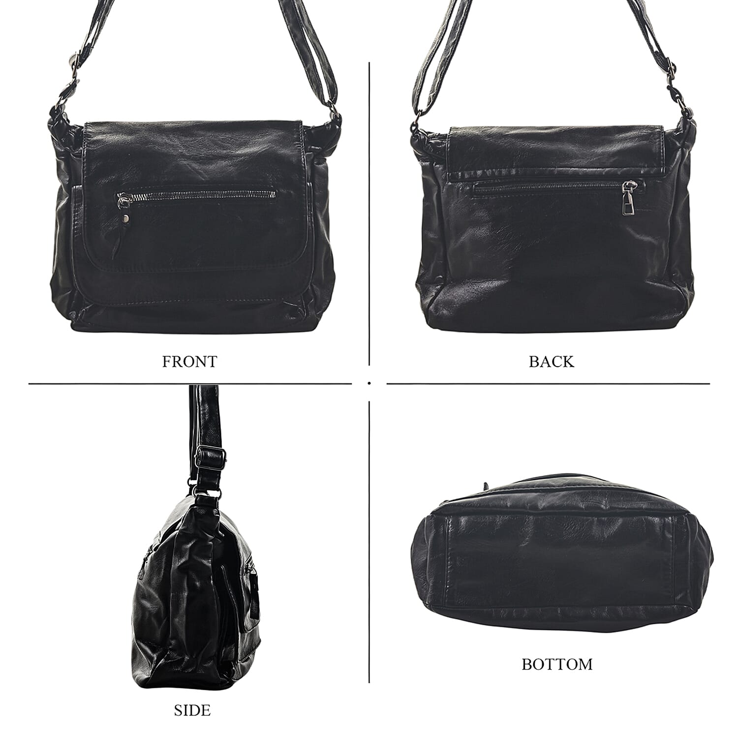 Black Faux Leather Front Zipper Satchel Bag