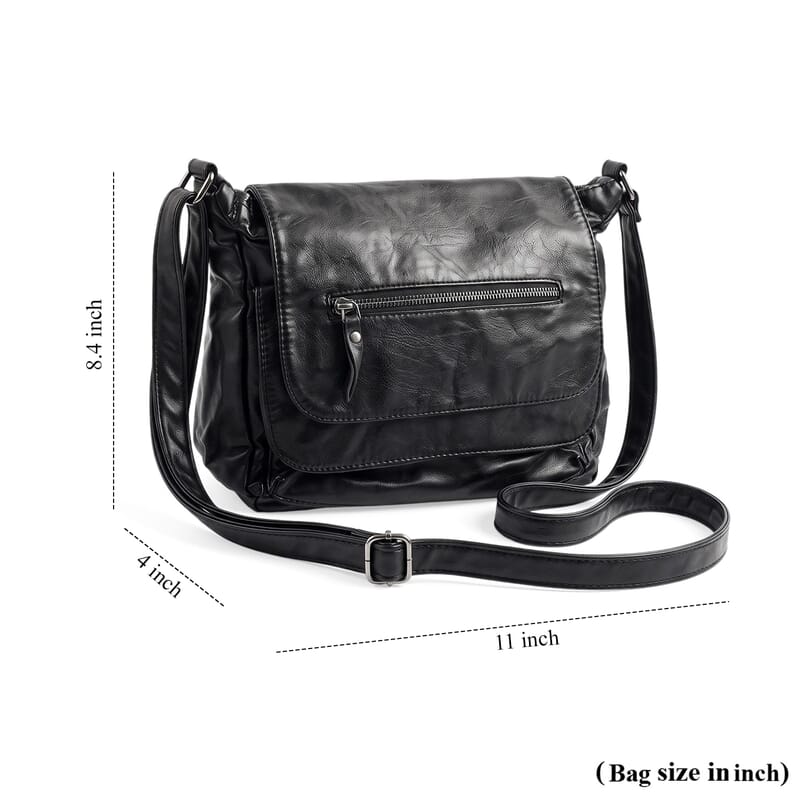 Black Faux Leather Front Zipper Satchel Bag