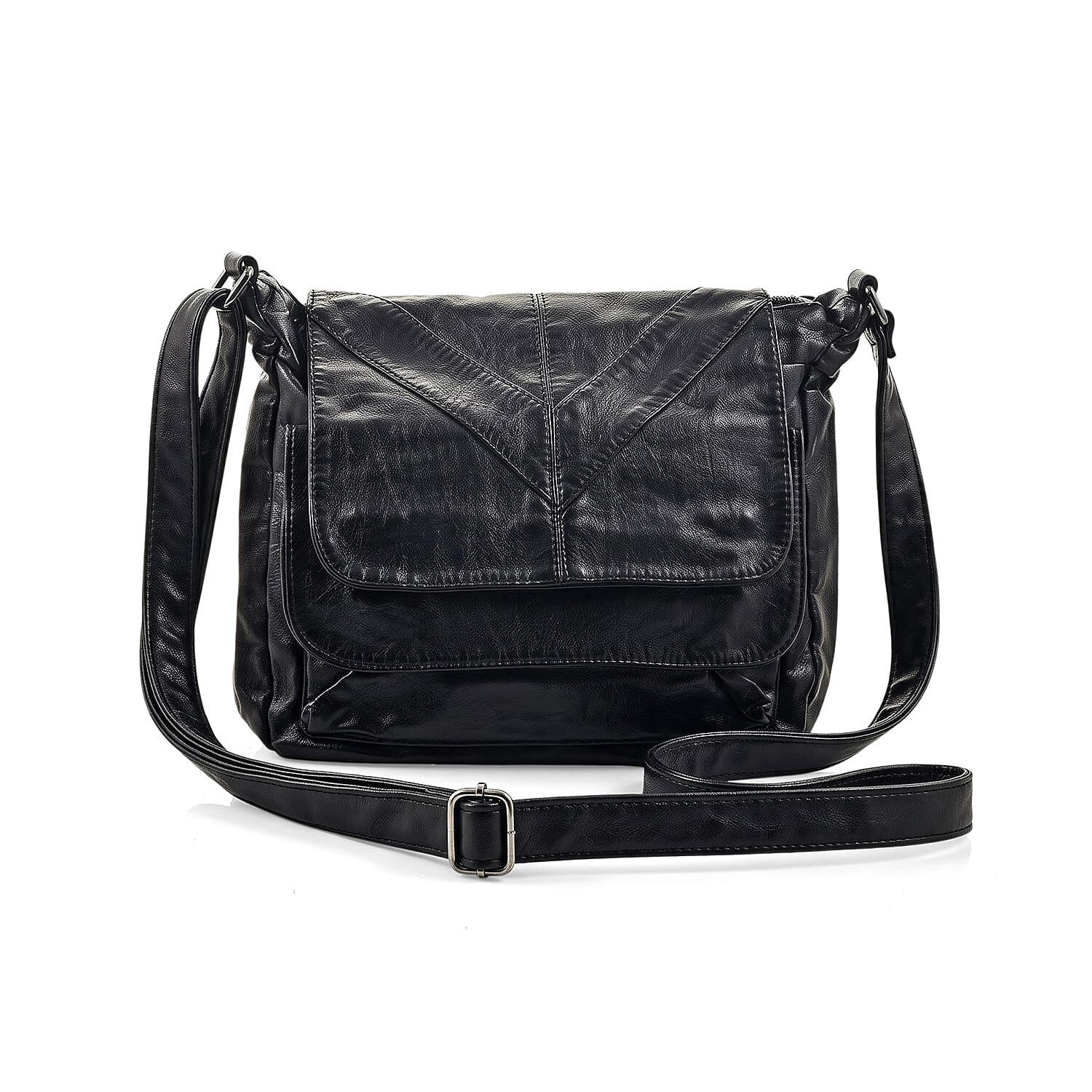Black Faux Leather V Pattern Satchel Bag